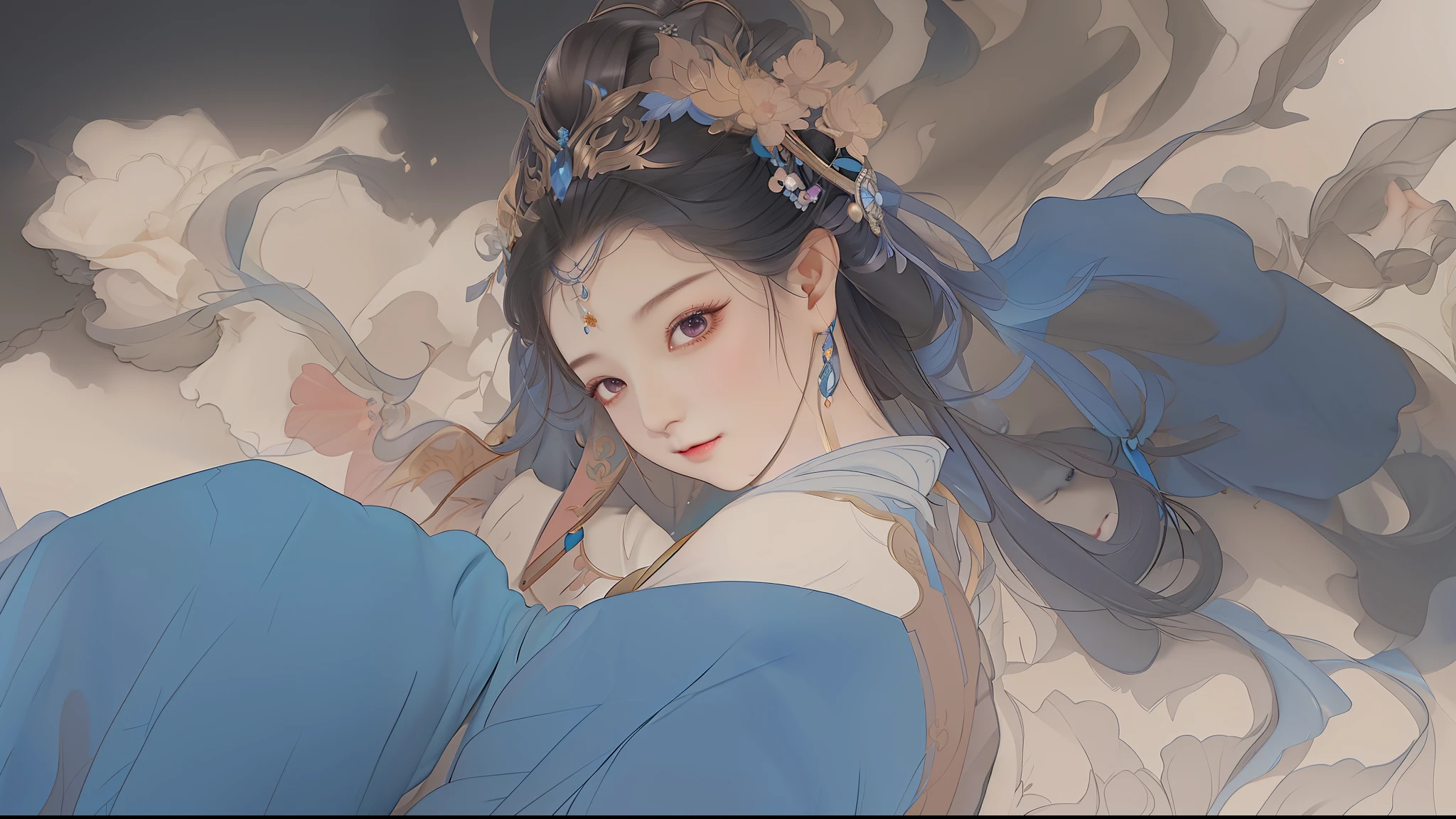 Arafo woman with long black hair and black eyes in a blue dress, beautiful fantasy queen Mu Yanling, ((beautiful fantasy queen)), smooth anime CG art, fairy fantasy, Ruan family and Artgerm, digital fantasy art), beautiful character painting, 2. 5 D CGI anime fantasy artwork