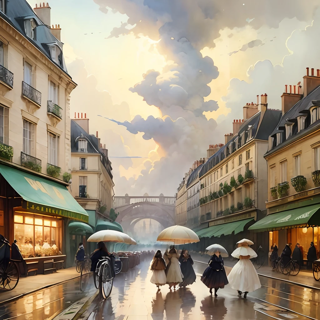 Paris , stormy scene, Edwardian women in white, watercolour --auto --s2