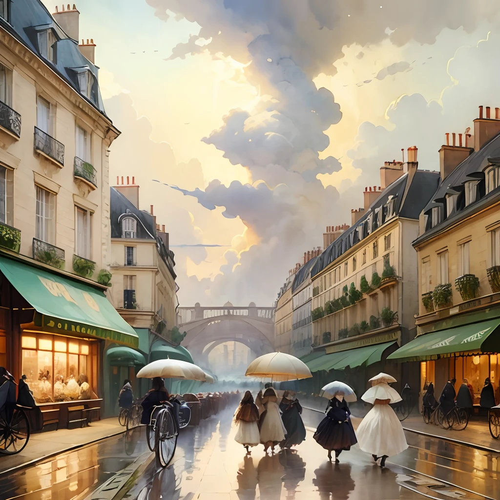 Paris , stormy scene, Edwardian women in white, watercolour --auto --s2