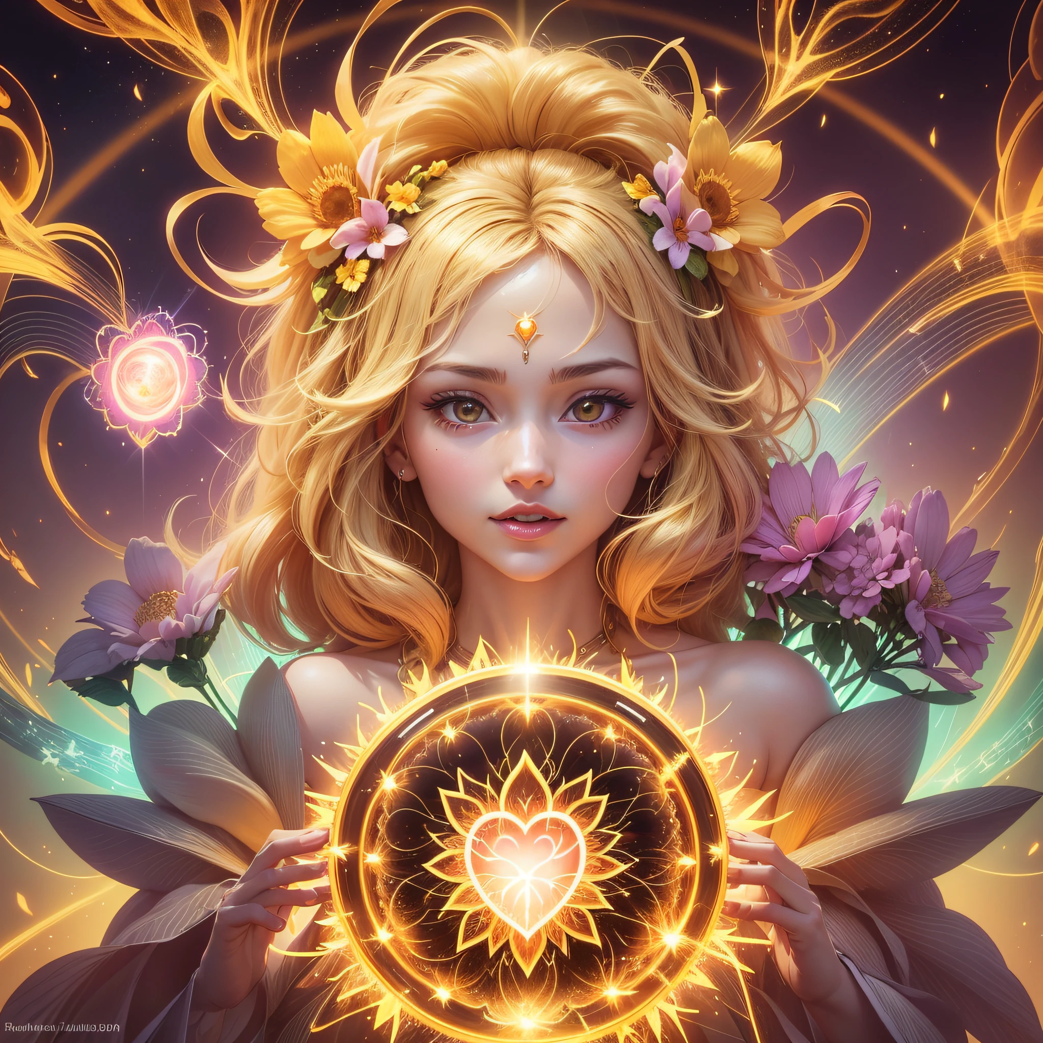 Create a character a closeup of a heart surrounded by a flower of light, within radiated connection, radiating power, radiating rebirth energy, emanating and flowing energy, soul frequency, channeling third eye energy, spiritual enlightenment, radiating a bright aura, channeling mystical energy, bright golden aura, shining within, radiating golden light, opening a bright portal --auto --s2