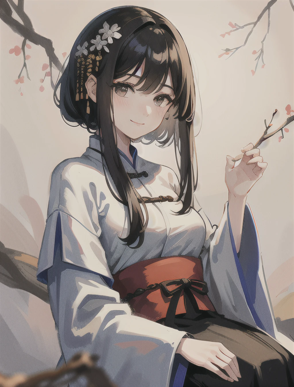 shukezouma, negative space, , shuimobysim , portrait of a woman standing , willow branches, (masterpiece, best quality:1.2), traditional chinese ink painting, modelshoot style, peaceful, (smile), looking at viewer, wearing long hanfu, hanfu, song, willow tree in background, wuchangshuo,