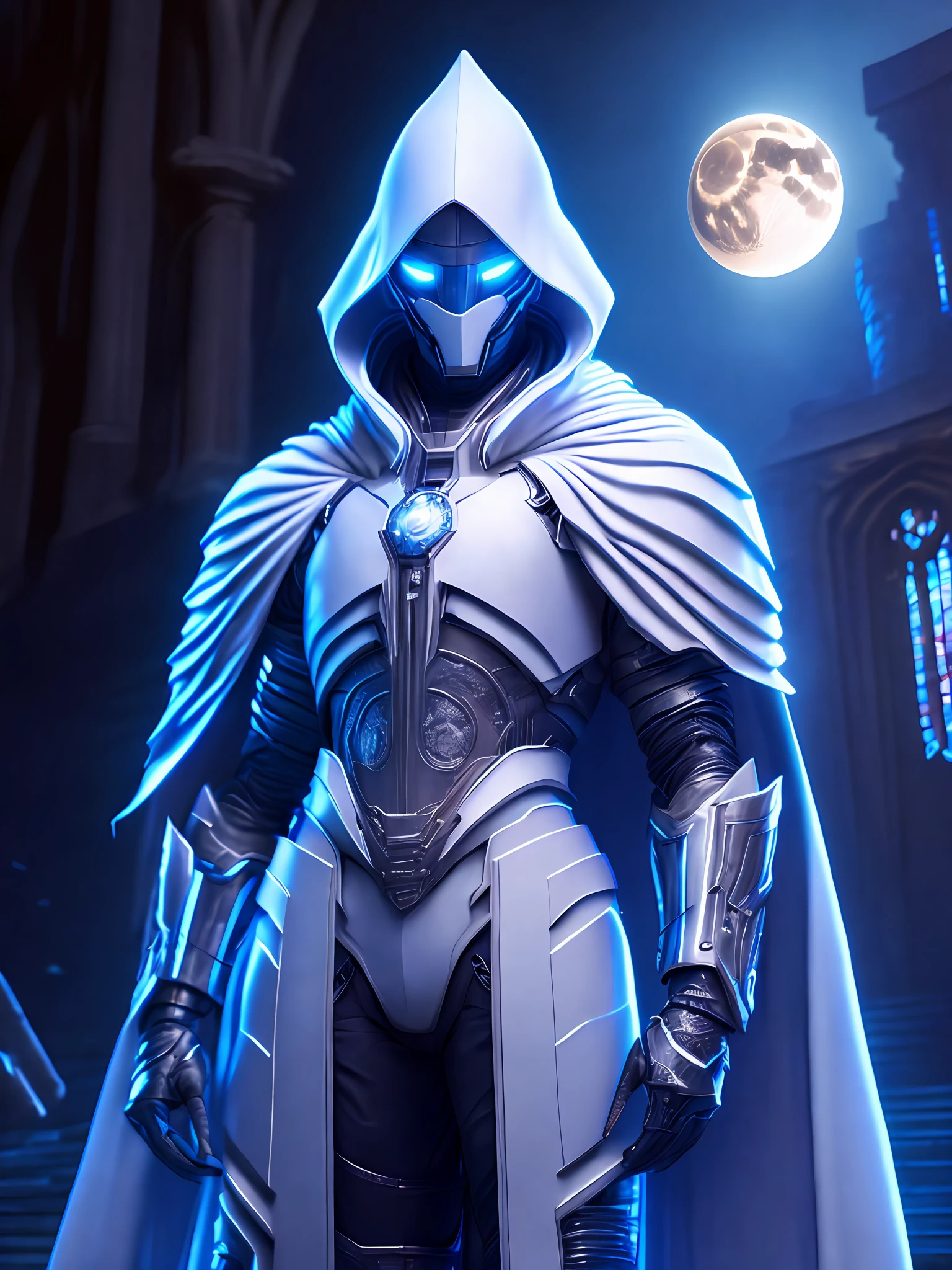 Portrait, Moon Knight from Marvel, biomechanical, complex robot, full growth, hyperrealistic, insane small details, extremely clean lines, cyberpunk aesthetic, masterpiece featured on Zbrush Central, gothic brutalist cathedral, cyberpunk, award-winning photo, bokeh, neon lights, cybernetic limb