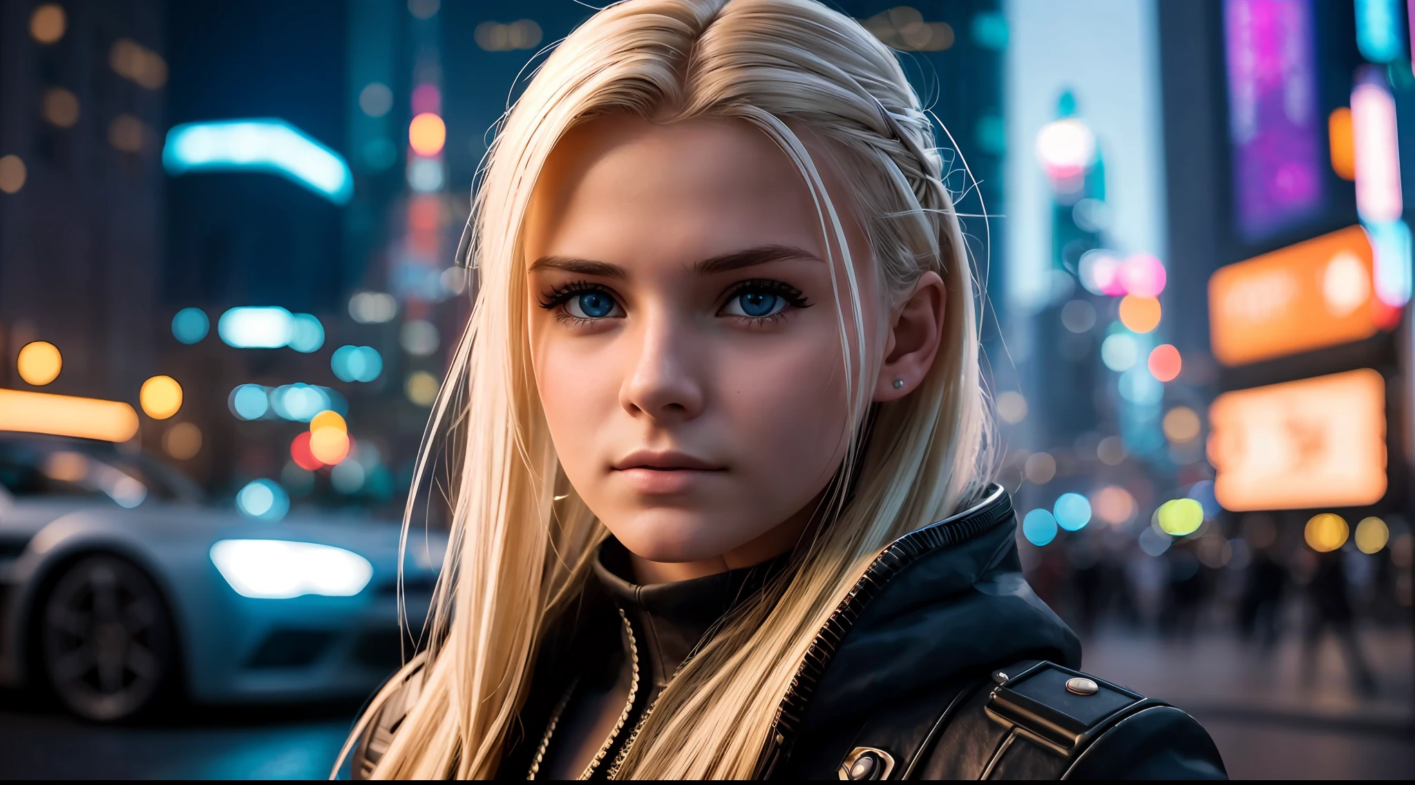 realistic photo, a realistic photo of an 18 year old girl wearing cyberpunk outfit, blonde hair, city, (1girl), (extremely detailed 8k CG unit wallpaper), photo of the most beautiful artwork in the world, professional majestic (Steve McCurry photography), 8k uhd, dslr, soft lighting, high quality, film grain, sharp focus Fujifilm XT3, f 5.6, high detail, sharp, dramatic focus, (looking at the viewer: 1.2), (detailed pupils: 1.3), (natural light),