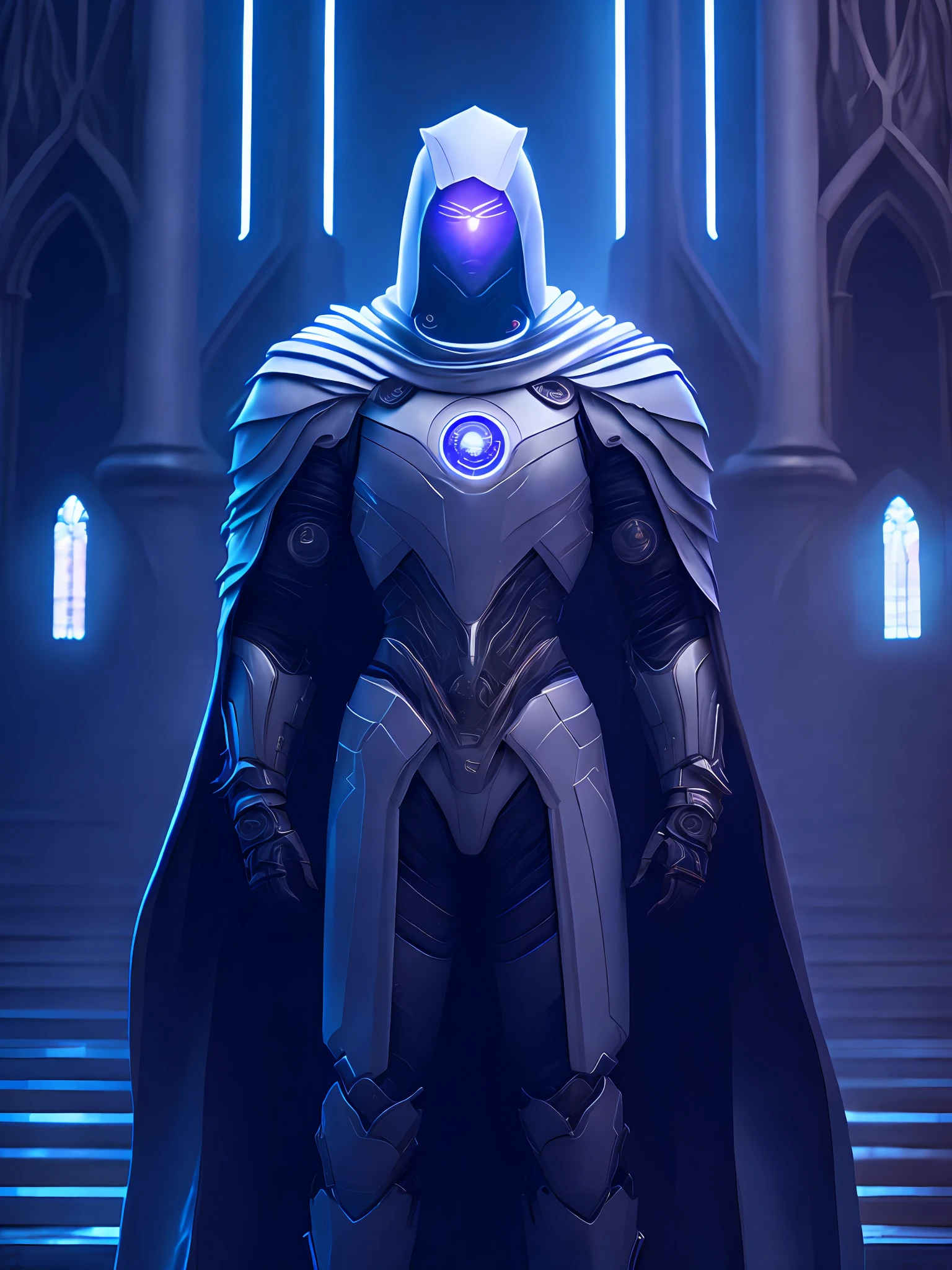 Portrait, Moon Knight from Marvel, biomechanical, complex robot, full growth, hyperrealistic, insane small details, extremely clean lines, cyberpunk aesthetic, masterpiece featured on Zbrush Central, gothic brutalist cathedral, cyberpunk, award-winning photo, bokeh, neon lights, cybernetic limb