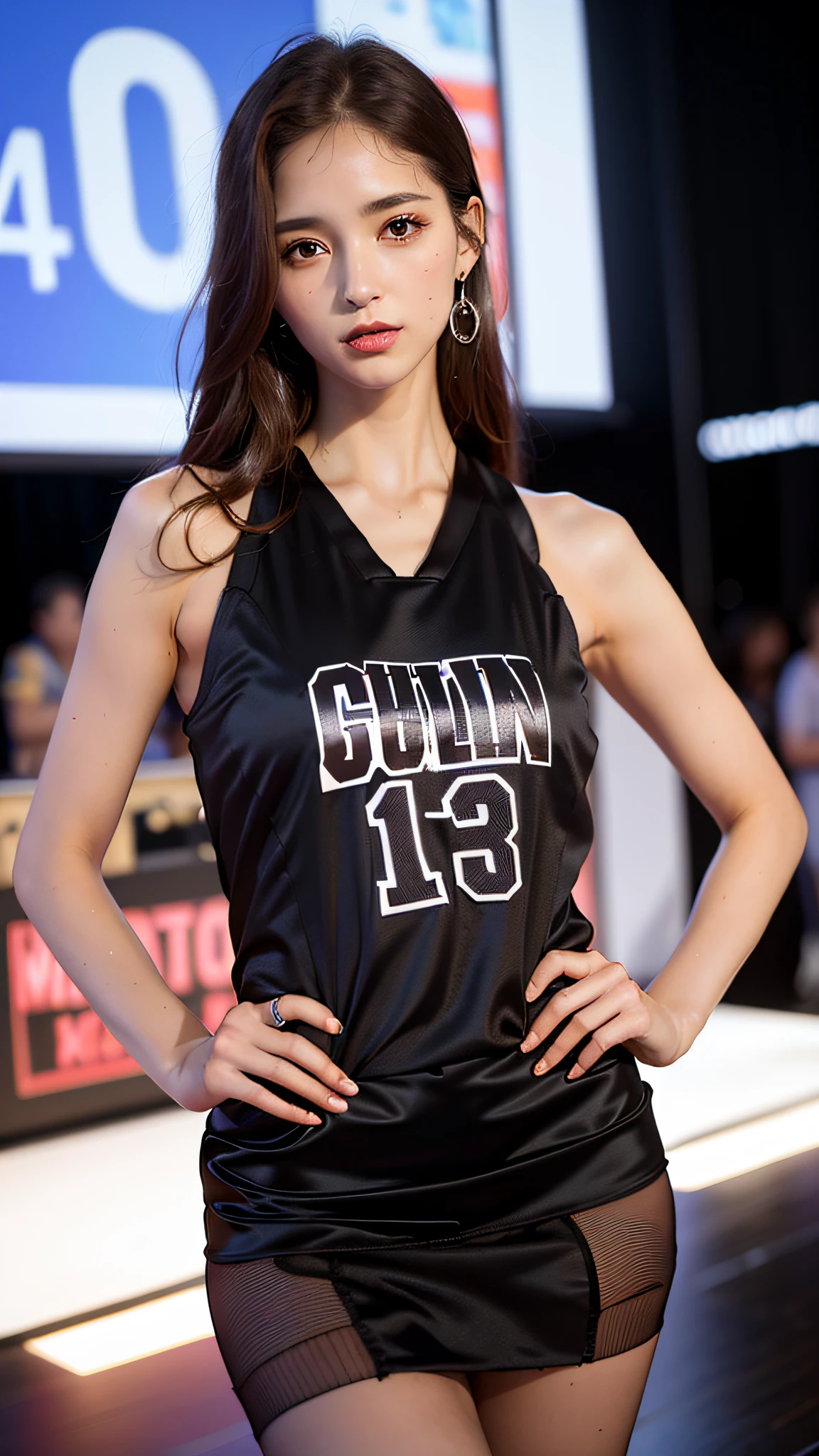 (Best Quality, 4K, Masterpiece: 1.3), Pretty Woman, 1girl, Sexy: 1.1, Dark Brown Hair: 1.1, Woman in Basketball Suit, Soaked Jersey, Ultra-detailed Face, Detailed Lips, Delicate Eyes, Double Eyelids, ((Short Skirt))
