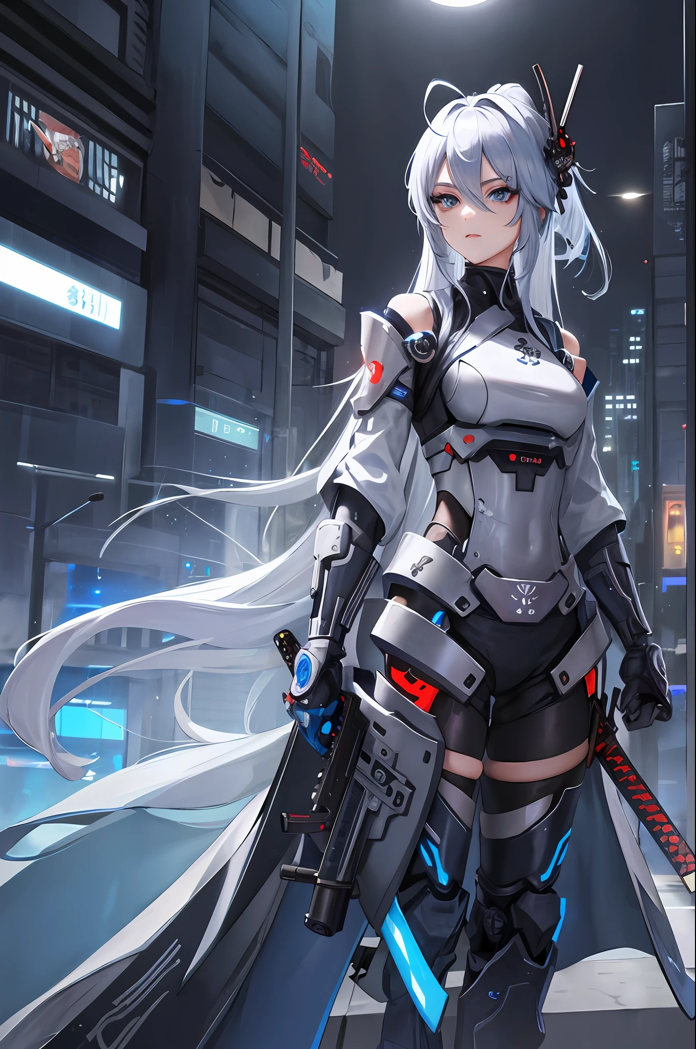 Cute , , silver hair with blue accents , blue eyes, Samurai mask , katana in right hand , futuristic gun in left hand , cyborg , night city