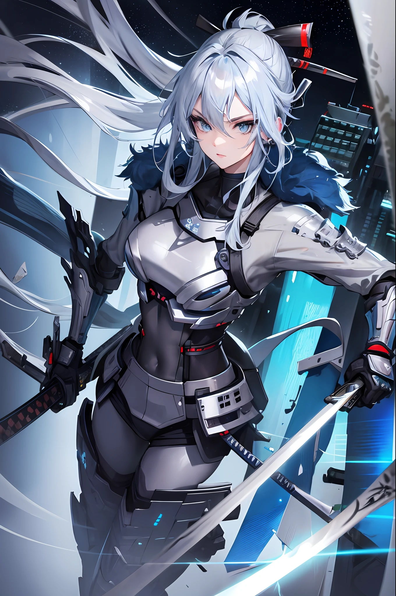 Cute , , silver hair with blue accents , blue eyes, Samurai mask , katana in right hand , futuristic gun in left hand , cyborg , night city