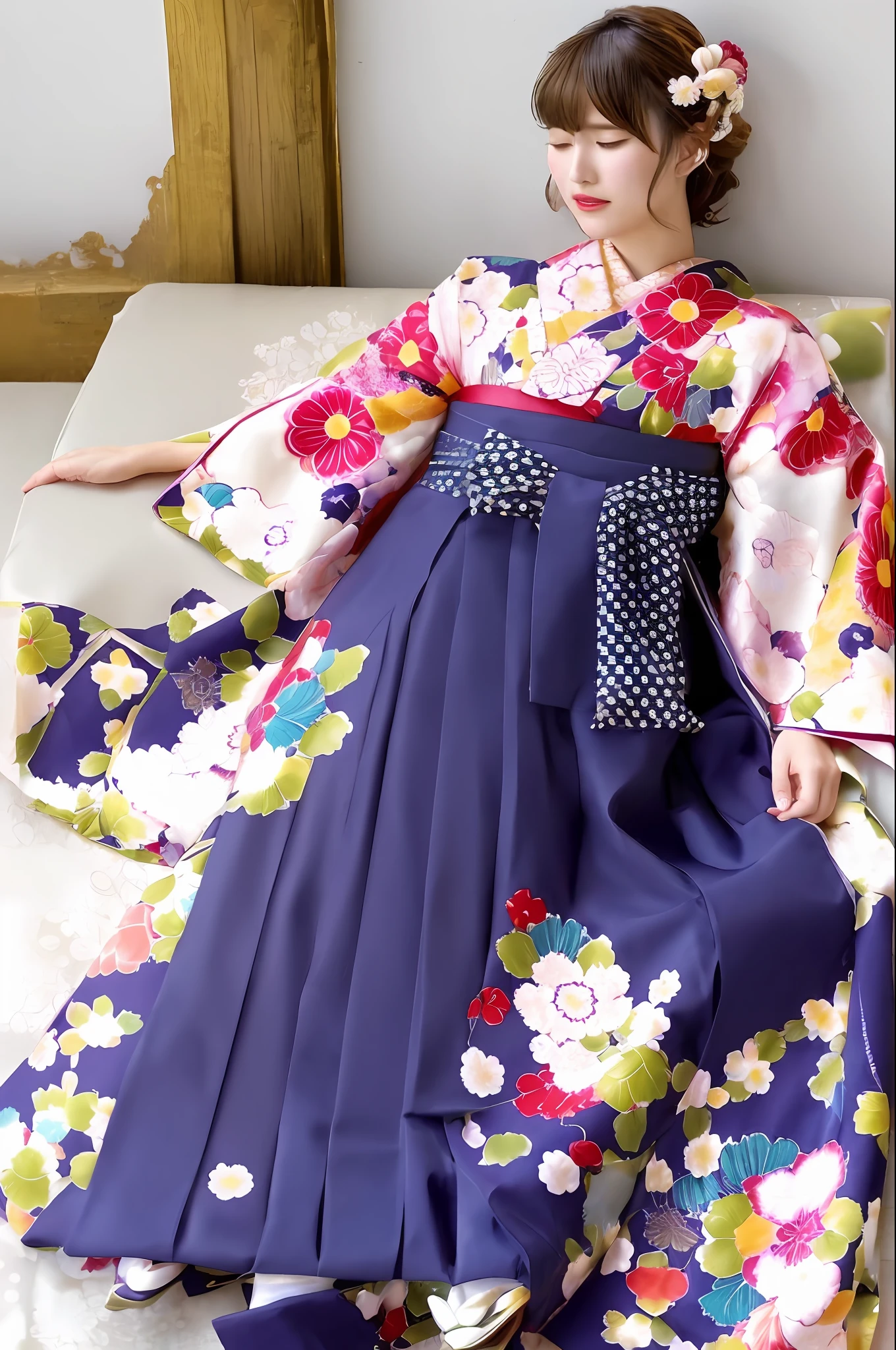 hakama skirt, 1girl, solo, full body, lying, sleeping, indoor, cute japanese model girl, kimono, floral print, hair ornament, hakama, bangs, masterpiece, best quality, realistic