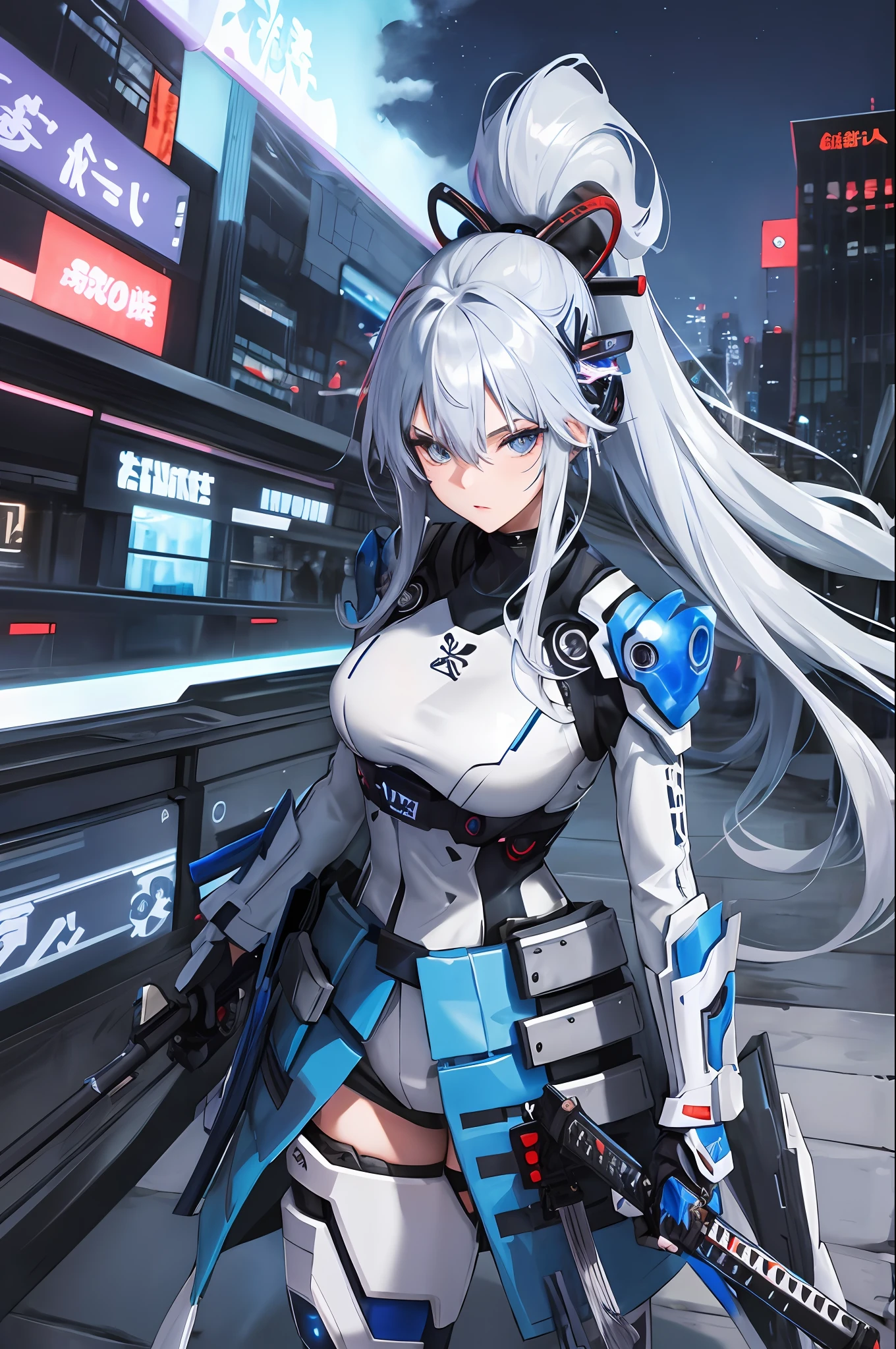 Cute , , silver hair with blue accents , blue eyes, Samurai mask , katana in right hand , futuristic gun in left hand , cyborg , night city