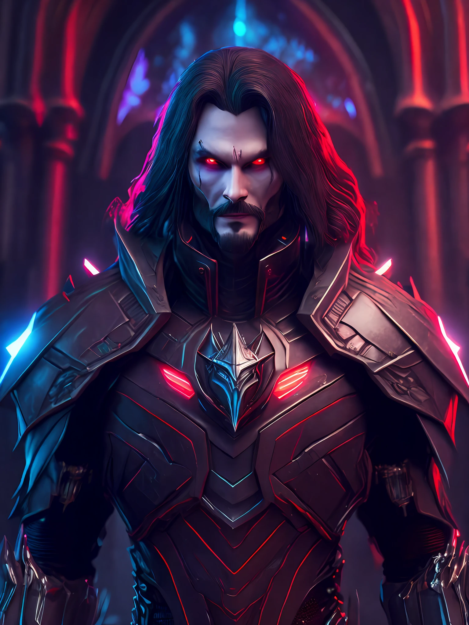 Portrait, Morbius from Marvel, biomechanical, complex robot, full growth, hyper-realistic, insane small details, extremely sharp lines, cyberpunk aesthetic, masterpiece featured on Zbrush Central, gothic brutalist cathedral, cyberpunk, award-winning photo, bokeh, neon lights, cybernetic limb