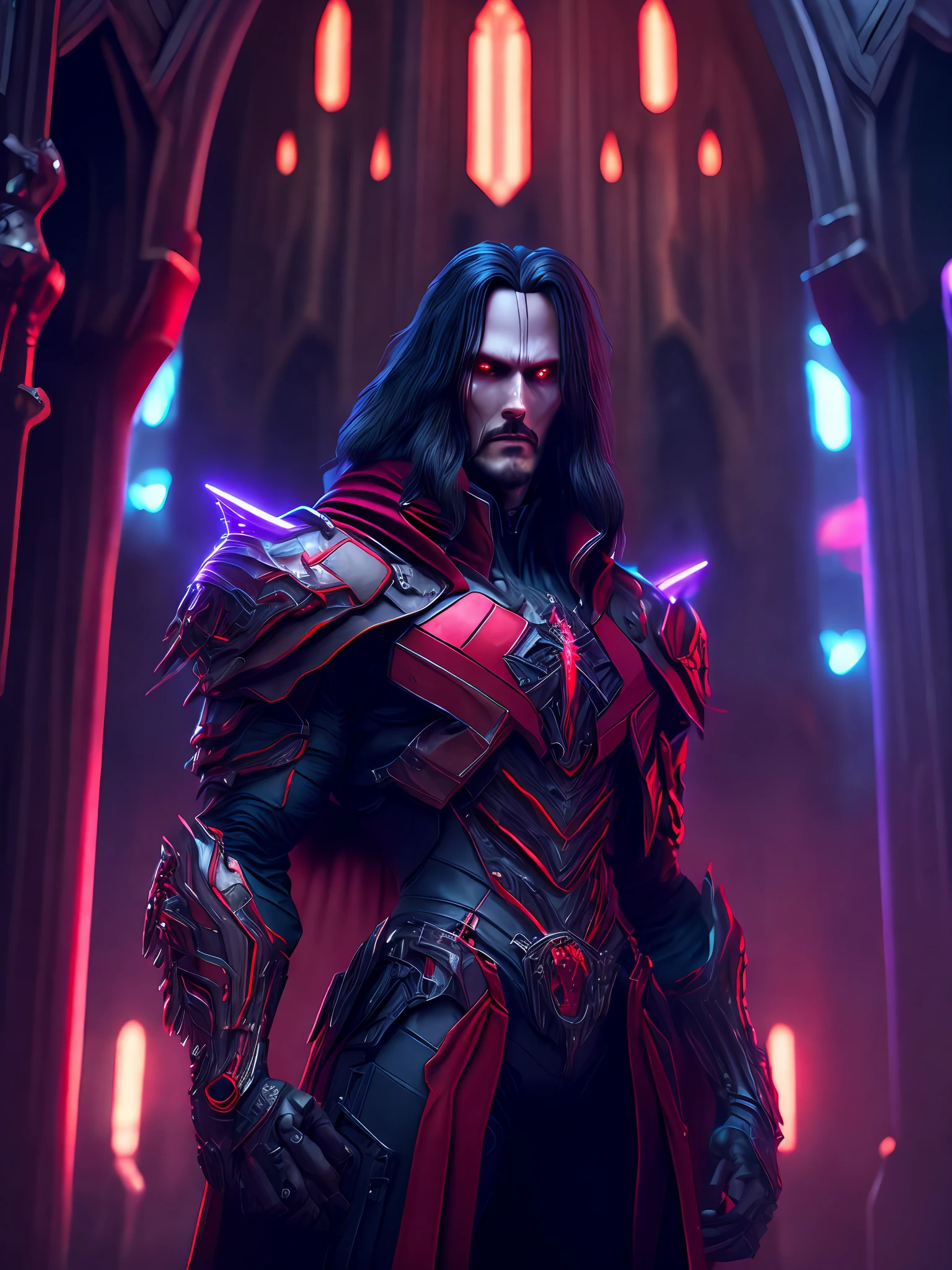 Portrait, Morbius from Marvel, biomechanical, complex robot, full growth, hyper-realistic, insane small details, extremely sharp lines, cyberpunk aesthetic, masterpiece featured on Zbrush Central, gothic brutalist cathedral, cyberpunk, award-winning photo, bokeh, neon lights, cybernetic limb