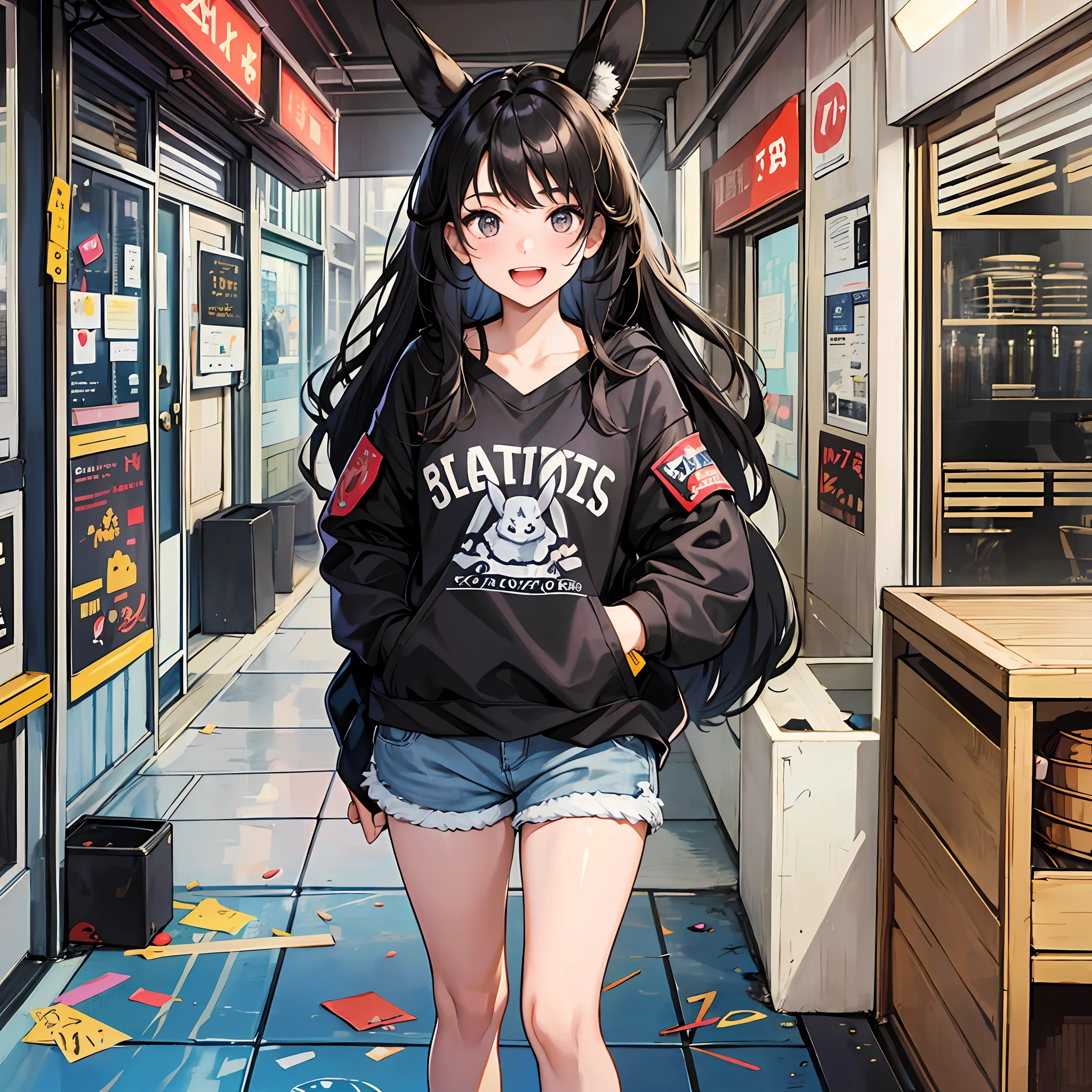 Little girl, [[girl]], [student], Asian, open mouth, rabbit ears, laughter, long hair, black hair, dull hair, fluffy hair, messy hair, hair behind the ears, casual wear, shorts, bumpy figure, full body, standing, portrait, Q version, big head --auto --s2