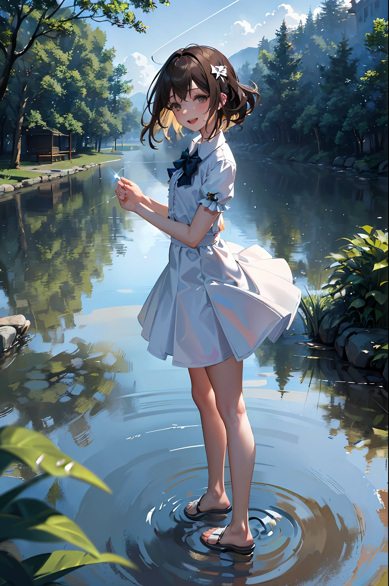 (Masterpiece), (Best Quality:1.3), (Slim Cheerful Girl Frolicking by the Water, Kicking Up the Water:1.3), Full Body, Crystal Clear, (Long Light Brown Hair: 1.3), Wet Hair, (Wet See-Through White Dress: 1.3), Striped Bow, Knee-Length Pleated Skirt, Ruffled Blouse, Long Petticoat, Accessories, Barefoot, High Resolution, F1.4, Sparkling Water Surface, Flying Hat, Cloudssun, contrails, sunlight through trees, summer vacation, rays,