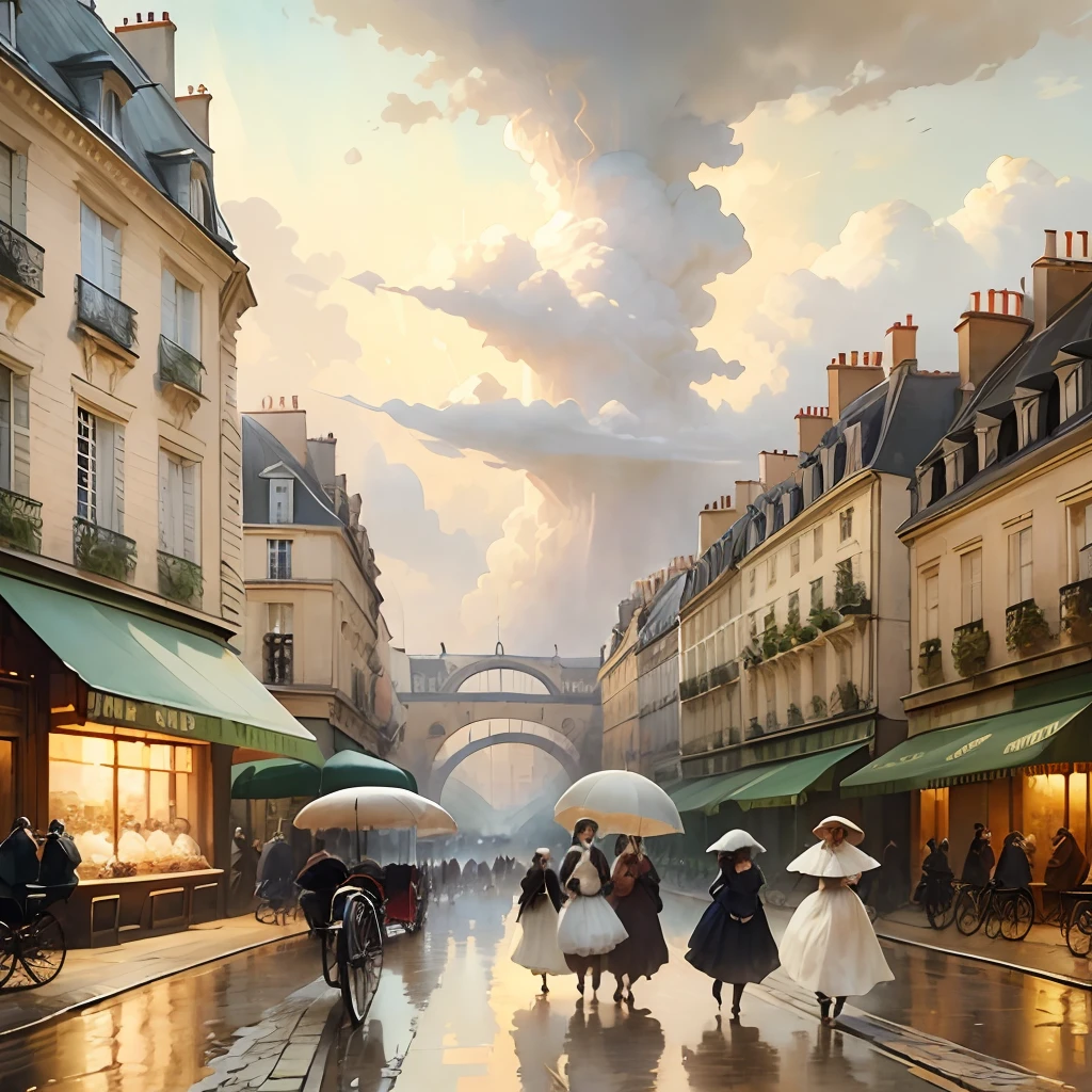 Paris , stormy scene, Edwardian women in white, watercolour --auto --s2
