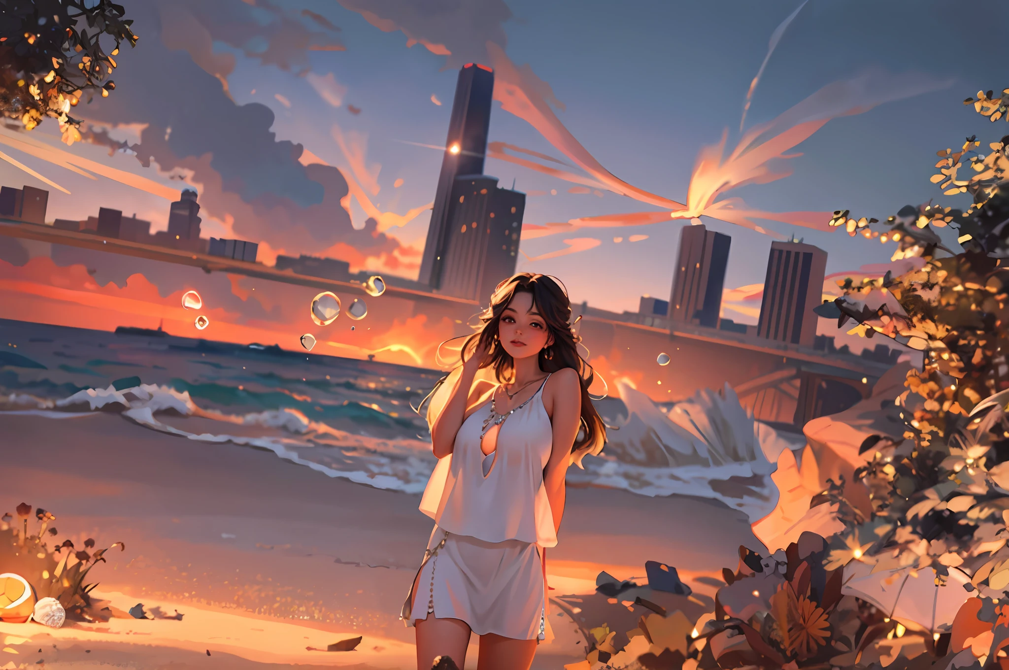 (masterpiece:1.2, best quality), (1lady, solo, upper body:1.2), Clothing: white flowy maxi dress, wide-brimmed hat, strappy sandals, Accessories: shell necklace, Hair: loose beach waves, Makeup: natural, glowing skin, Behavior: relaxed, carefree, free-spirited, Location: beach, resort, outdoor festival, red eyes, huge tits,
