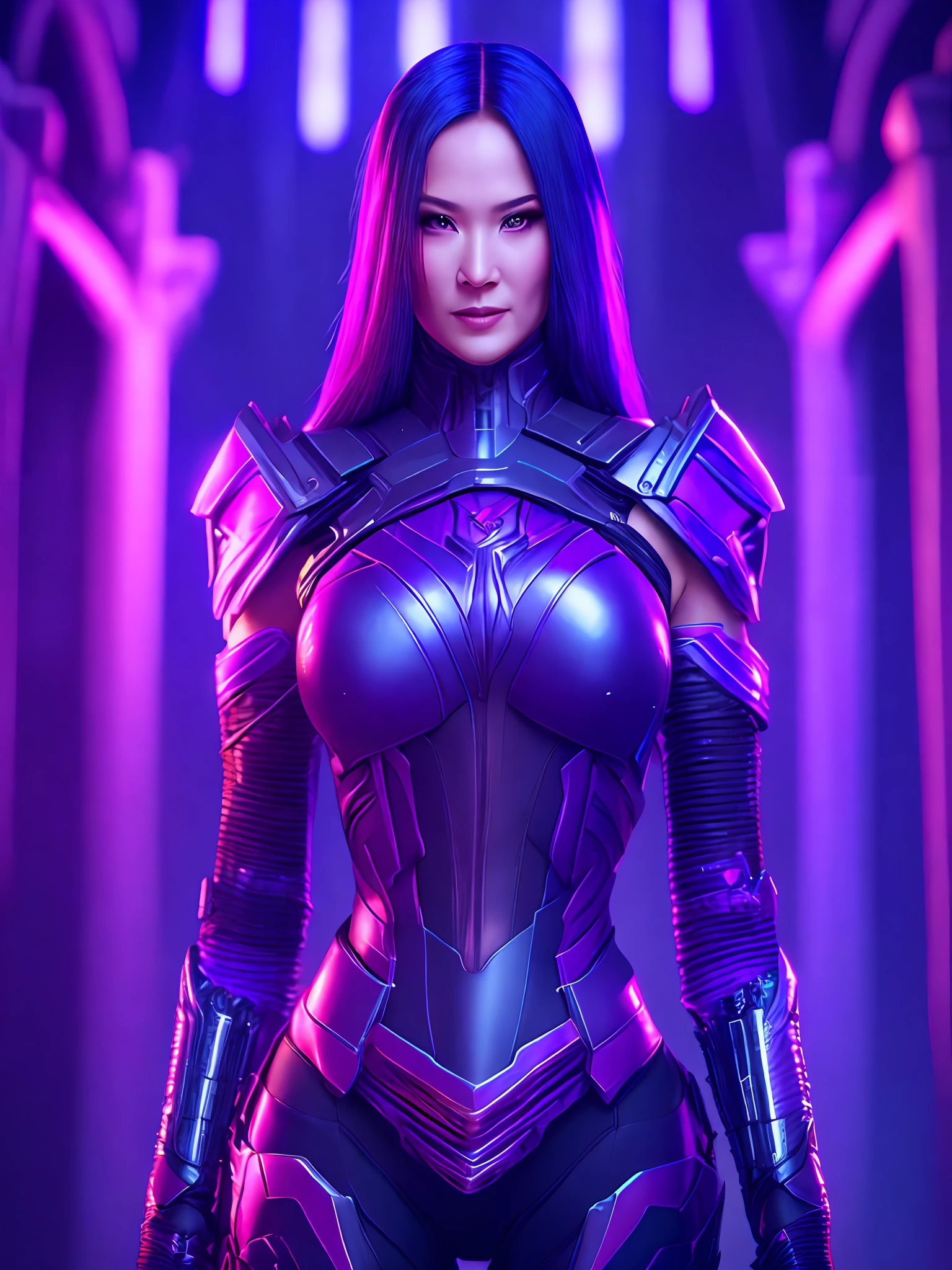 Portrait, Psylocke from Marvel, biomechanical, complex robot, full growth, hyper-realistic, insane small details, extremely sharp lines, cyberpunk aesthetic, masterpiece presented at Zbrush Central, gothic brutalist cathedral, cyberpunk, award-winning photo, bokeh, neon lights, cybernetic limb