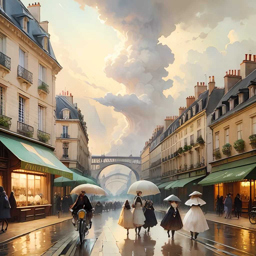 Paris , stormy scene, Edwardian women in white, watercolour --auto --s2