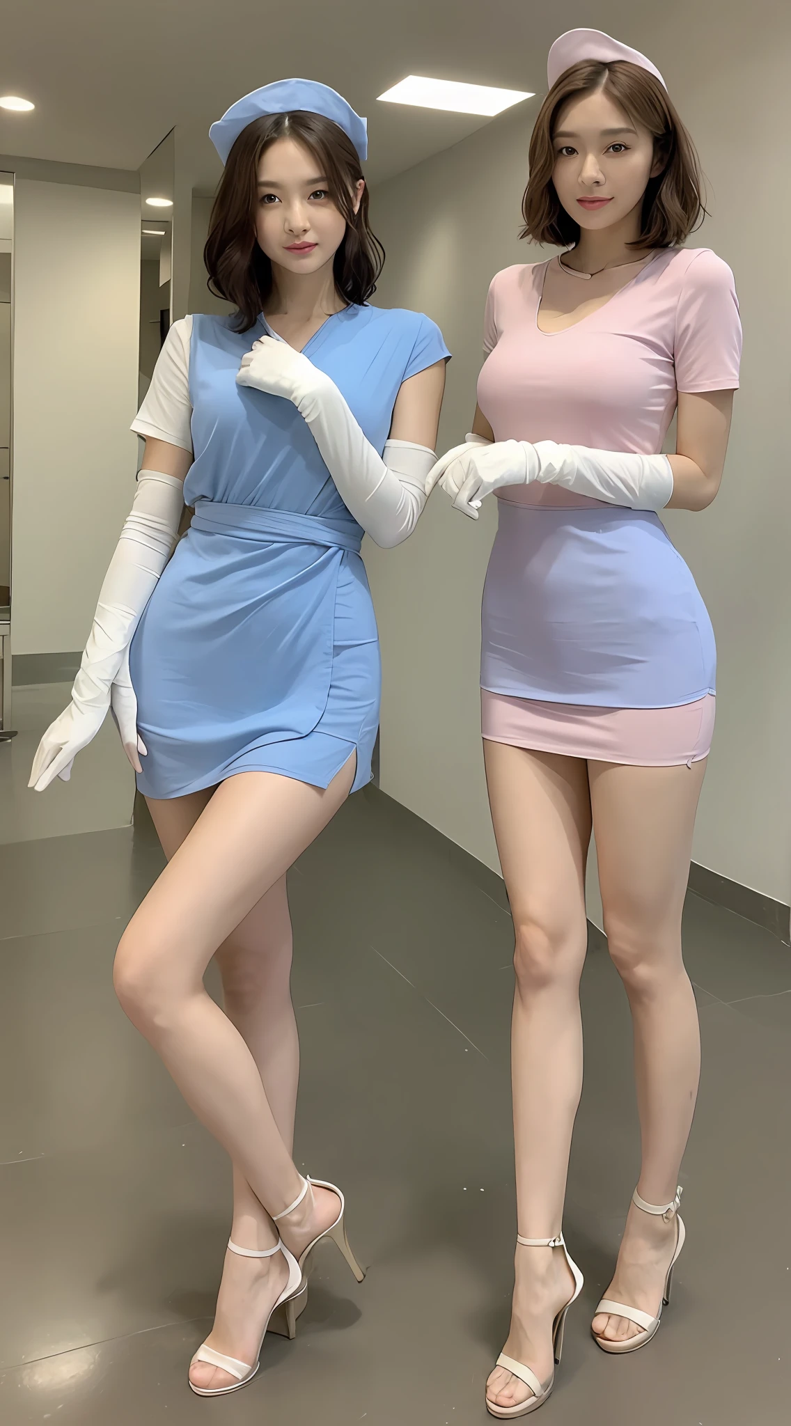 ((Best Quality, 8K, Masterpiece: 1.3)), Wide Angle, Focus: 1.2, 2 Petite Nurses, Perfect Body Beauty: 1.4, ((Short Hair, Layered Haircut, Beautiful Breasts: 1.2)), (Wet Clothes: 1.1), Highly Detailed Face and Skin Texture, Fine Eyes, Double Eyelids, Whitened Skin, (Realistic Light, Best Quality, 8K, Realistic, Masterpiece: 1.3)), Clear Focus: 1.5, Beautiful Nurse, Perfect Body Beauty: 1.4, Slim Abs:1.1, ((Short brown layered hair, flowing hair: 1.2)), (Blue nurse gown: 1.4, open, nurse cap: 1.2, gloves: 0.5), smooth and realistic clothing: 1.2, operating room, ultra-fine face, realistic pupils, double eyelids, long eyelashes, swollen eyes, healing smile, pink and fair skin: 1.5, (delicate stiletto heels crystal band sandals, high quality: 1.2, fair pink toes: 1.5), waist focus, hips focused, buttocks: 0. 6, Model pose [Full body: 1.2]