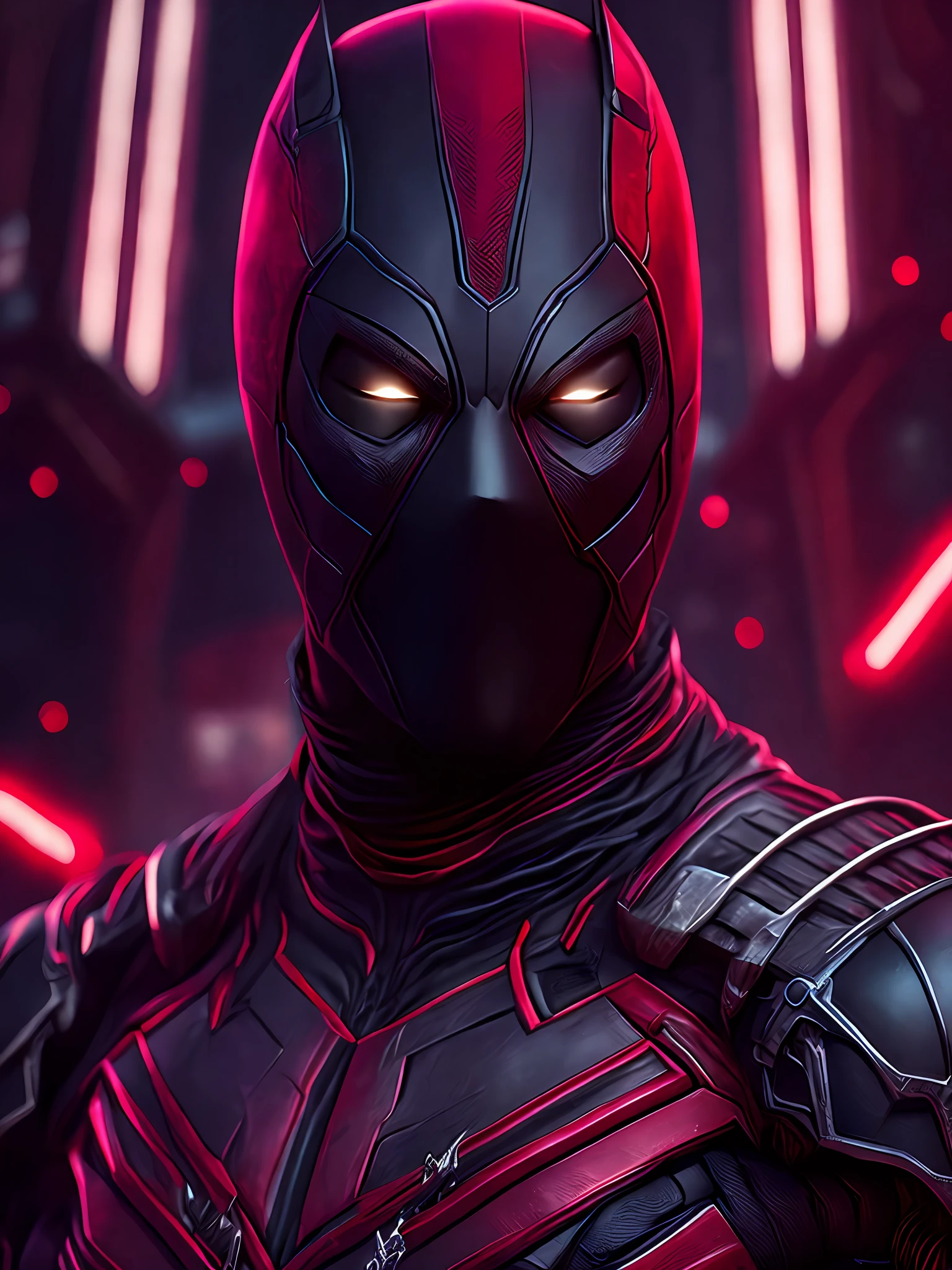 Portrait, Venom Deadpool from Marvel, biomechanical, complex robot, full growth, hyperrealistic, insane small details, extremely clean lines, cyberpunk aesthetic, masterpiece featured at Zbrush Central, gothic brutalist cathedral, cyberpunk, award-winning photo, bokeh, neon lights, cybernetic limb
