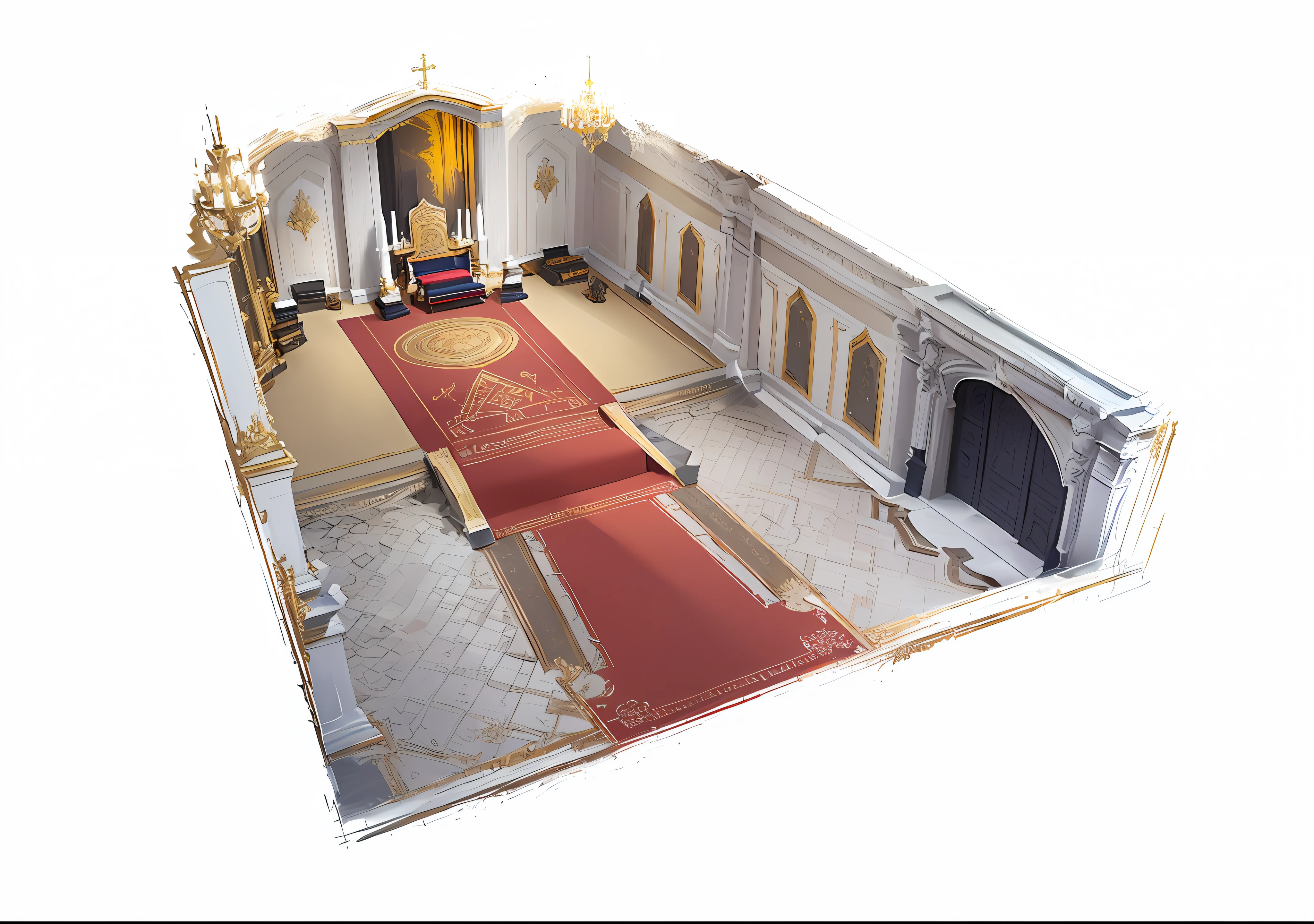 There is a drawing of a room with a red carpet and yellow frisbee, beautifully designed Throne Room, Throne Room, Ruina Concept Art Library, Rustic Throne Room, Arches Concept Art, Decadence Throne Room, Concept Art Highly Detailed, Concept Art! , concept art, concept art, concept art!!, detailed concept art, finished concept art, detailed set design, church, high detail, candlestick on table, cool tones --auto --s2