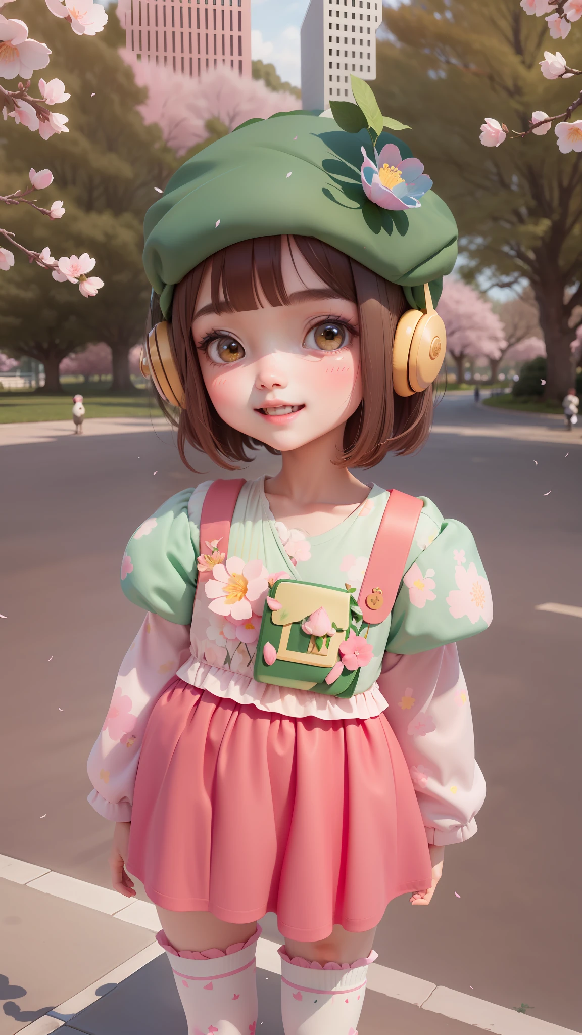 (Super Detailed, Full Body: 1.2), (Masterpiece, Excellent), 1girl smiling in the park, open mouth, grass, garden, wearing a green headdress and coat, short hair with brown bangs, blush printed on two cute cheeks, wearing a white shirt and long sleeves, bathed under the cherry blossom tree with pink petals, petals falling, blush stickers are more confusing, black hair with pink flowers, beautiful and delicate face and eyes are even more fascinating.