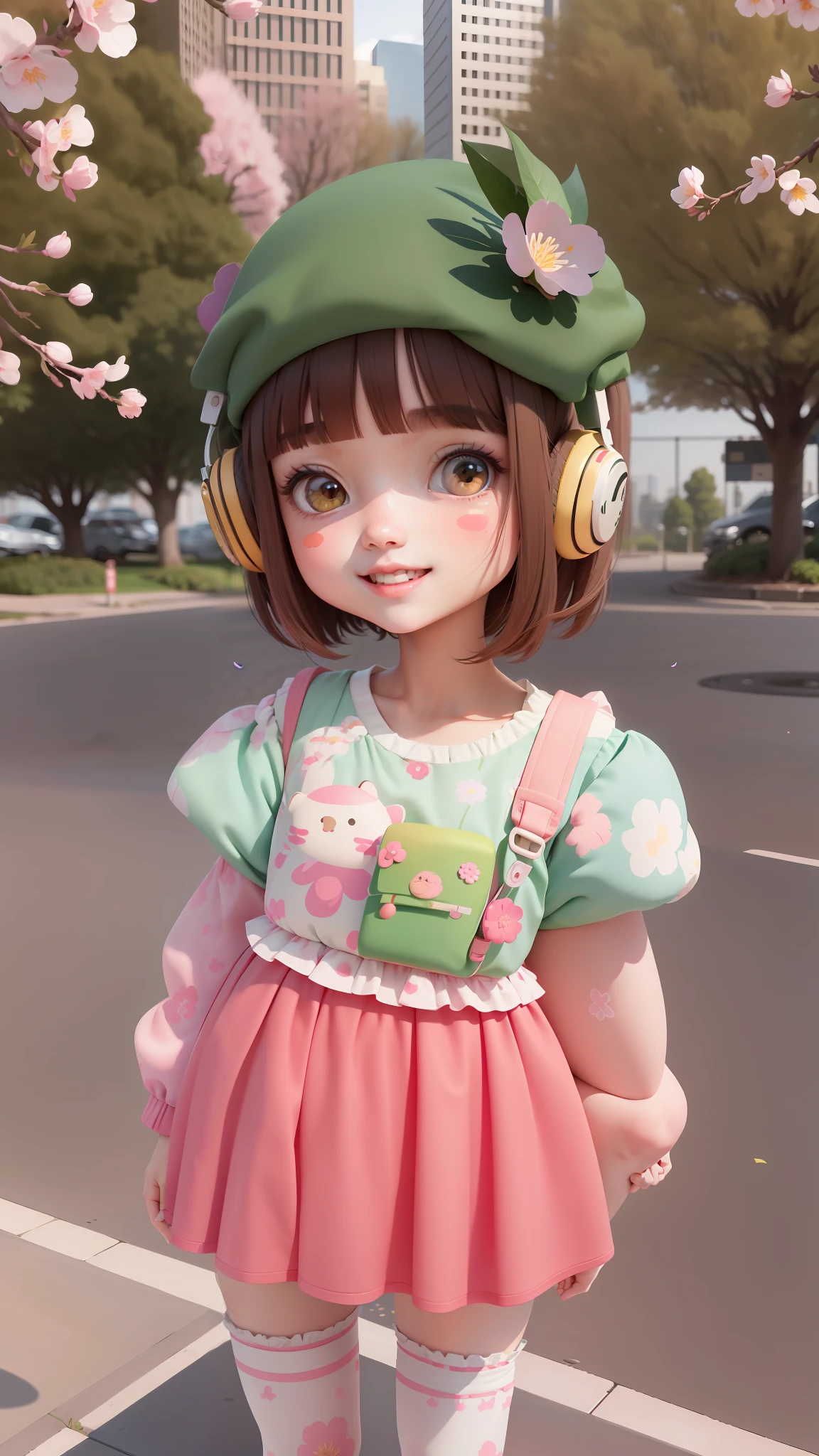 (Ultra Detailed, Full Body: 1.2), (Masterpiece, Excellent), 1girl smiling in the park, open mouth, wearing headphones, wearing a green headdress and coat, short hair with brown bangs, blush printed on two cute cheeks, wearing a white shirt and long sleeves, bathed under the cherry blossom tree with pink petals falling, blush stickers added to the confusion, black hair with pink flowers, beautiful and delicate face and eyes are even more fascinating.