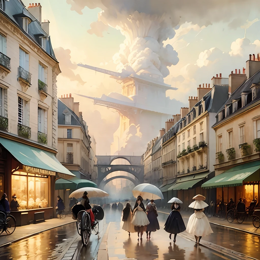 Paris , stormy scene, Edwardian women in white, watercolour --auto --s2