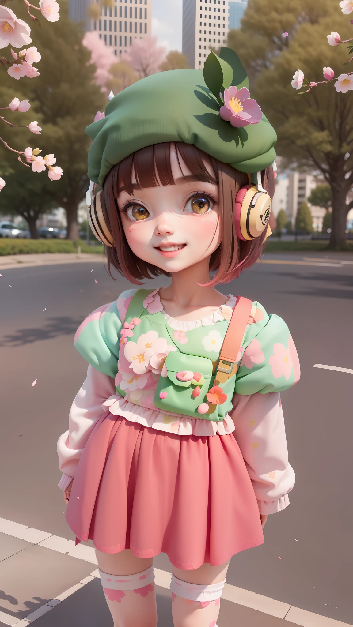 (Ultra Detailed, Full Body: 1.2), (Masterpiece, Excellent), 1girl smiling in the park, open mouth, wearing headphones, wearing a green headdress and coat, short hair with brown bangs, blush printed on two cute cheeks, wearing a white shirt and long sleeves, bathed under the cherry blossom tree with pink petals falling, blush stickers added to the confusion, black hair with pink flowers, beautiful and delicate face and eyes are even more fascinating.