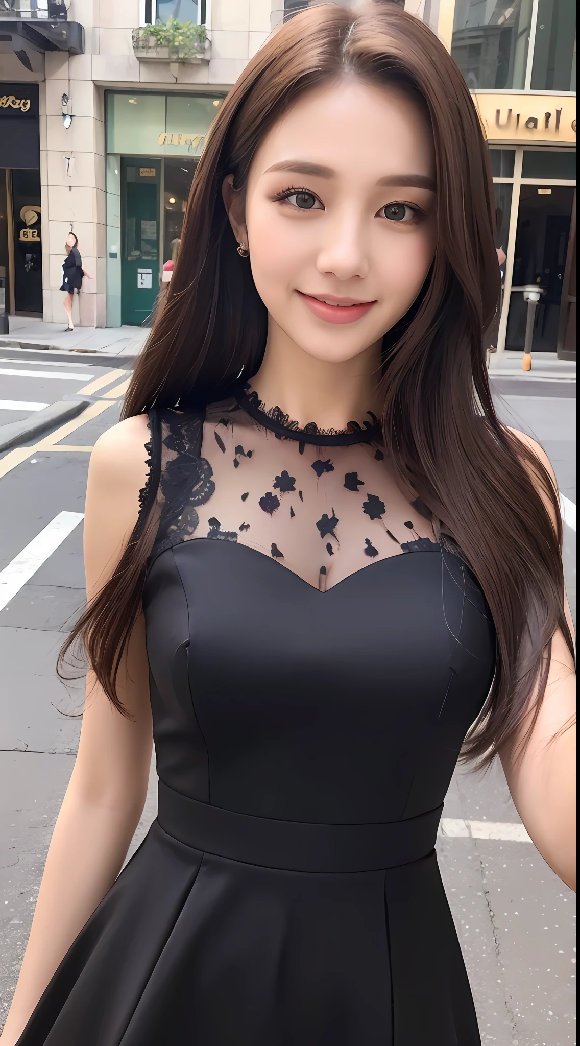 ((Best quality, 8k, Masterpiece :1.3)), 1girl, smiling, full body, slim face, Pretty woman, (Dark brown hair), full length dress :1.1, Ultra-detailed face, Detailed eyes, Double eyelid,  blur background, slim face, city, outside, street,