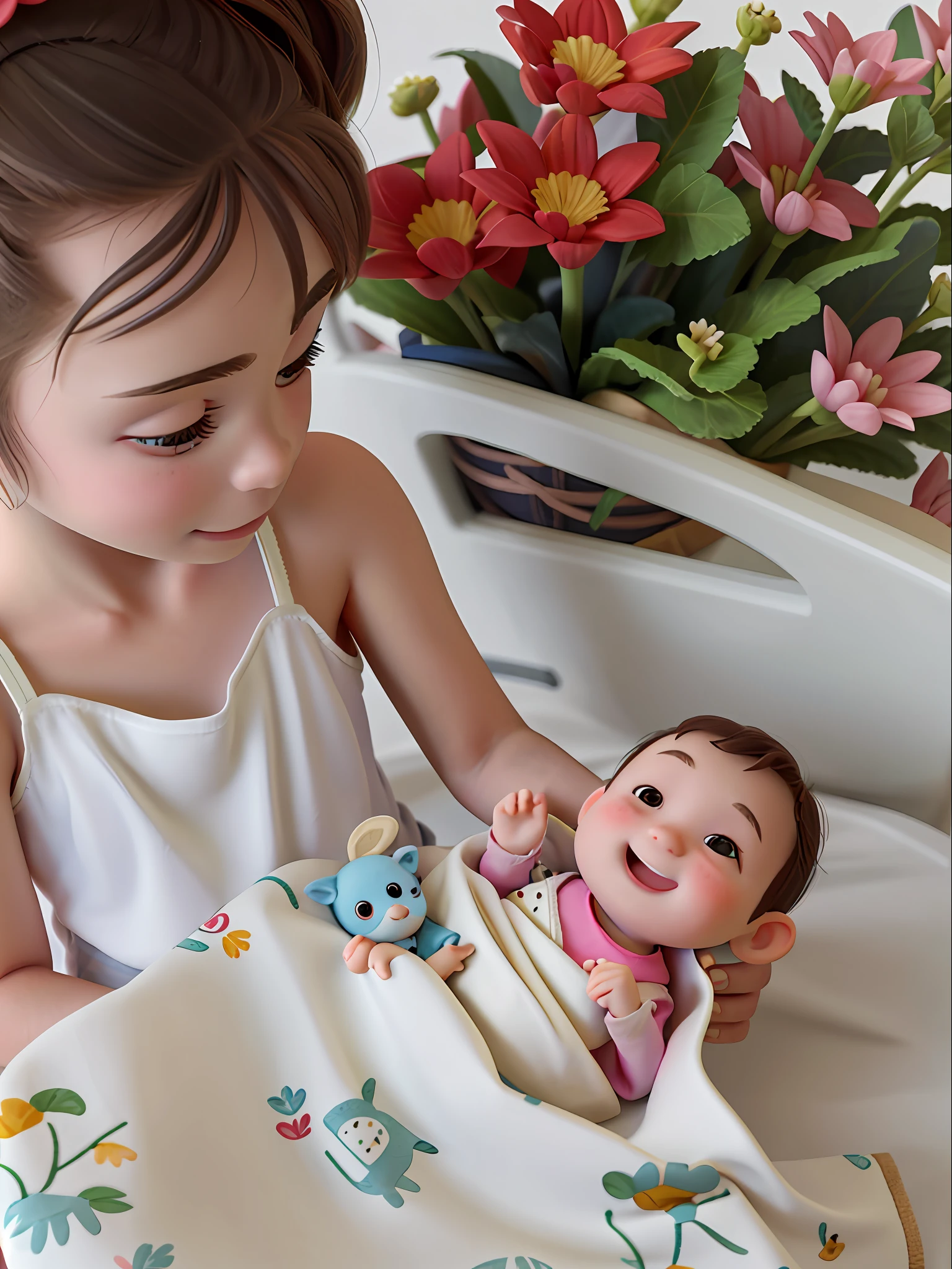 A cute was holding a newborn baby and looking at it happily,Beautiful side face