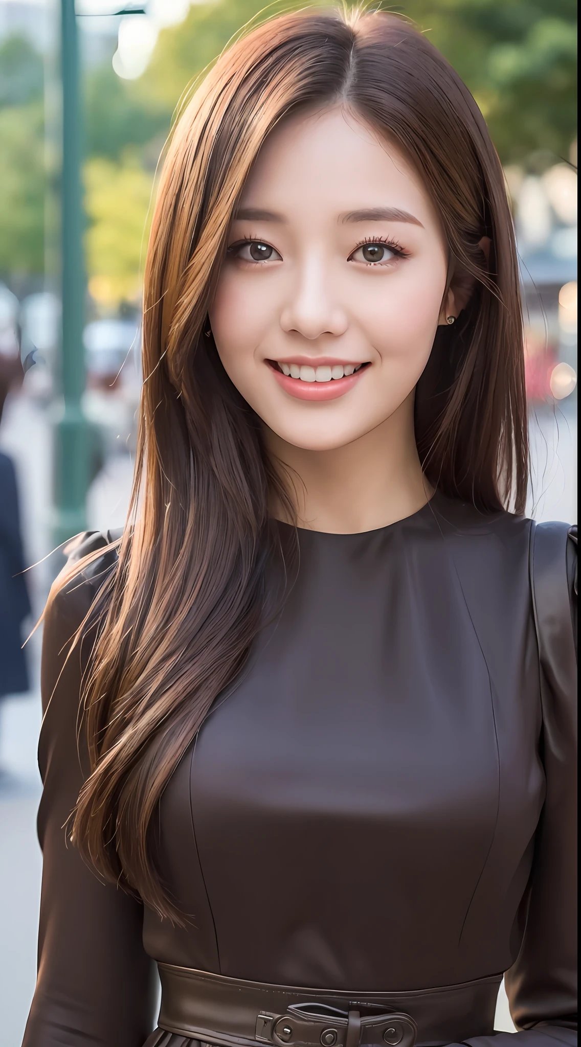 ((Best quality, 8k, Masterpiece :1.3)), 1girl, smiling, full body, slim face, Pretty woman, (Dark brown hair), full length dress :1.1, Ultra-detailed face, Detailed eyes, Double eyelid, blur background, slim face, city, outside, street,