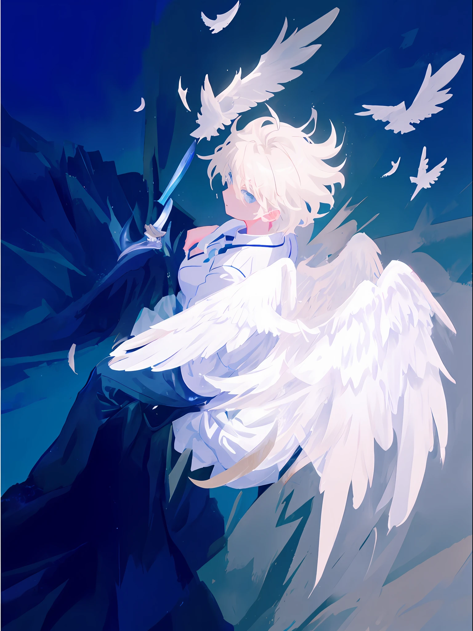 Anime image of man with angel wings holding a knife, angel protector, Makoto Shinkai, angel and restlessness, eros, angel, love