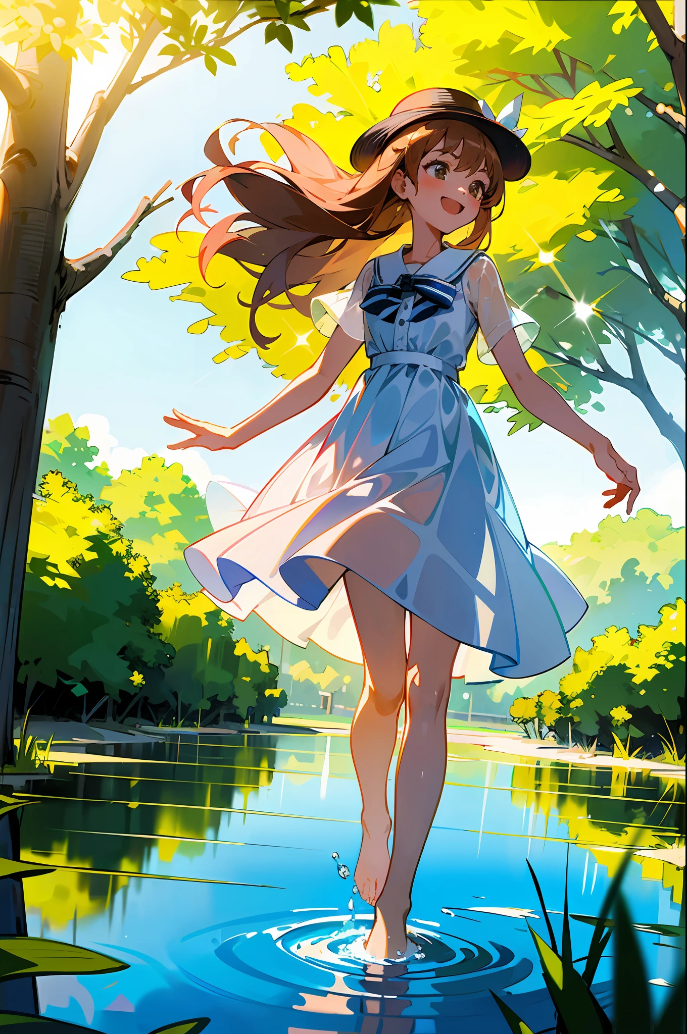 (Masterpiece), (Best Quality:1.3), (Slim Cheerful Girl Frolicking by the Water, Kicking Up the Water:1.3), Full Body, Crystal Clear, (Long Light Brown Hair: 1.3), Wet Hair, (Wet See-Through White Dress: 1.3), Striped Bow, Knee-Length Pleated Skirt, Ruffled Blouse, Long Petticoat, Accessories, Barefoot, High Resolution, F1.4, Sparkling Water Surface, Flying Hat, Cloudssun, contrails, sunlight through trees, summer vacation, rays,