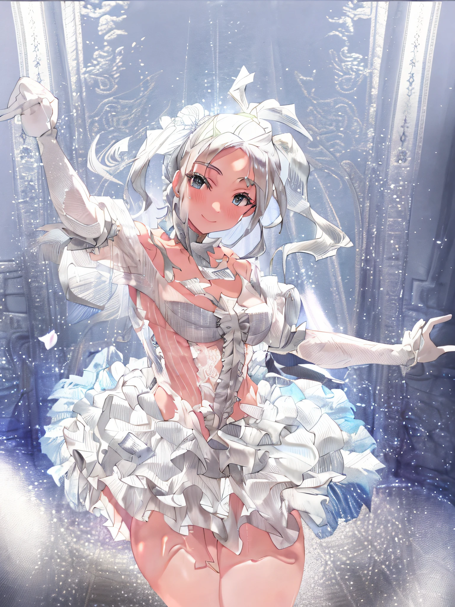 Masterpiece, tarot cards, green hair, navel, gal, white dress, white silk, side chest, torn dress, blush, smile, erect areola, small breasts, body moist and shiny, fit body, soft body, arms raised, see-through, thick thighs, skin dents
