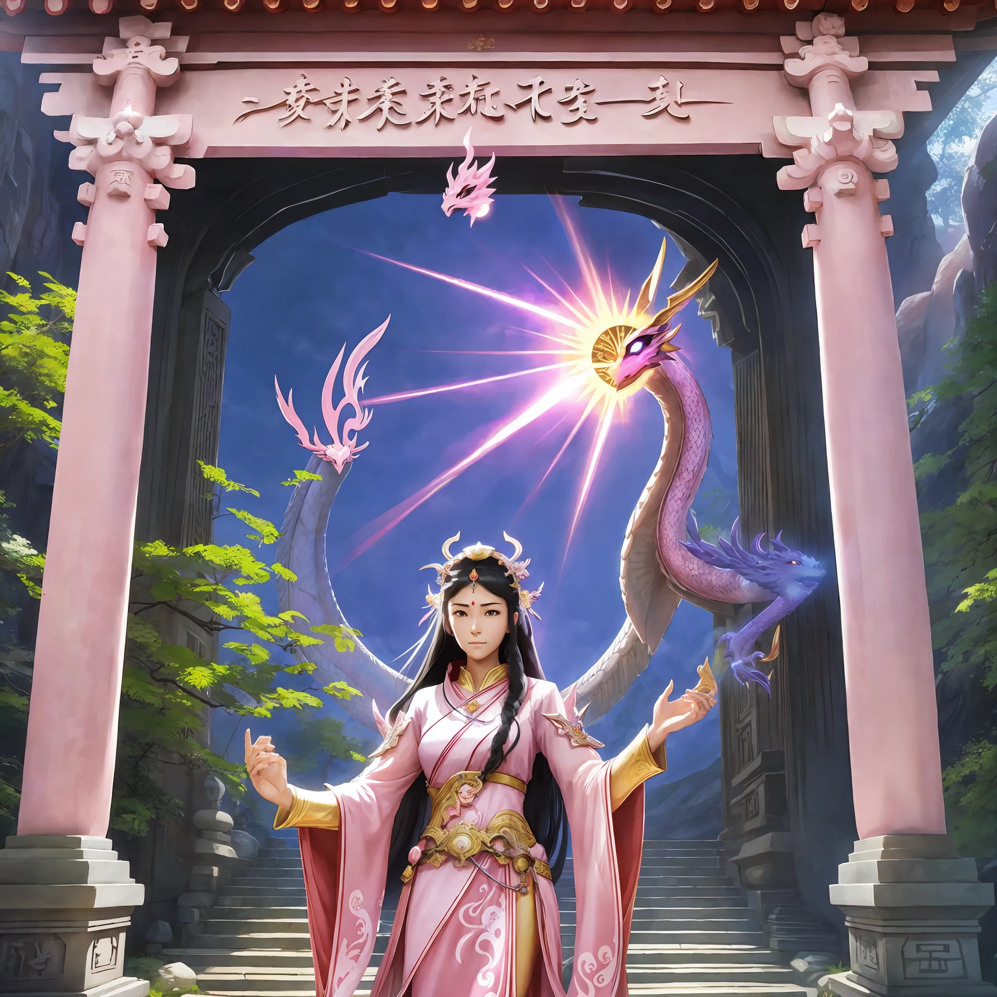 shrine, priestess, pink clothes, narrow eyes, sun, dragon --auto --s2