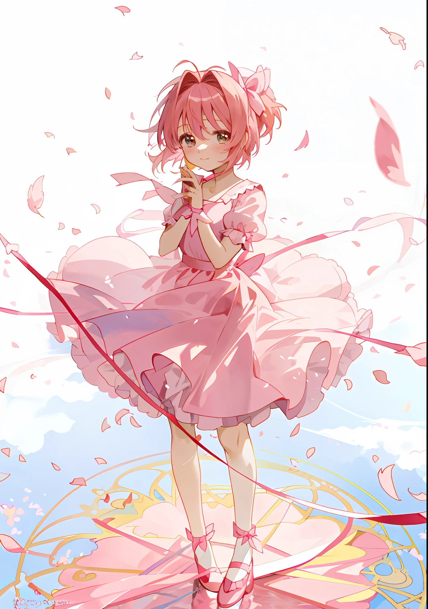 anime girl in a pink dress with a pink ribbon around her neck, sakura petals around her, madoka kaname, cardcaptor sakura, beautiful anime, anime visual of a cute girl, cute anime waifu in a nice dress, sayori, loli in dress, cute anime girl, beautiful anime style, beautiful anime art, beautiful anime artwork