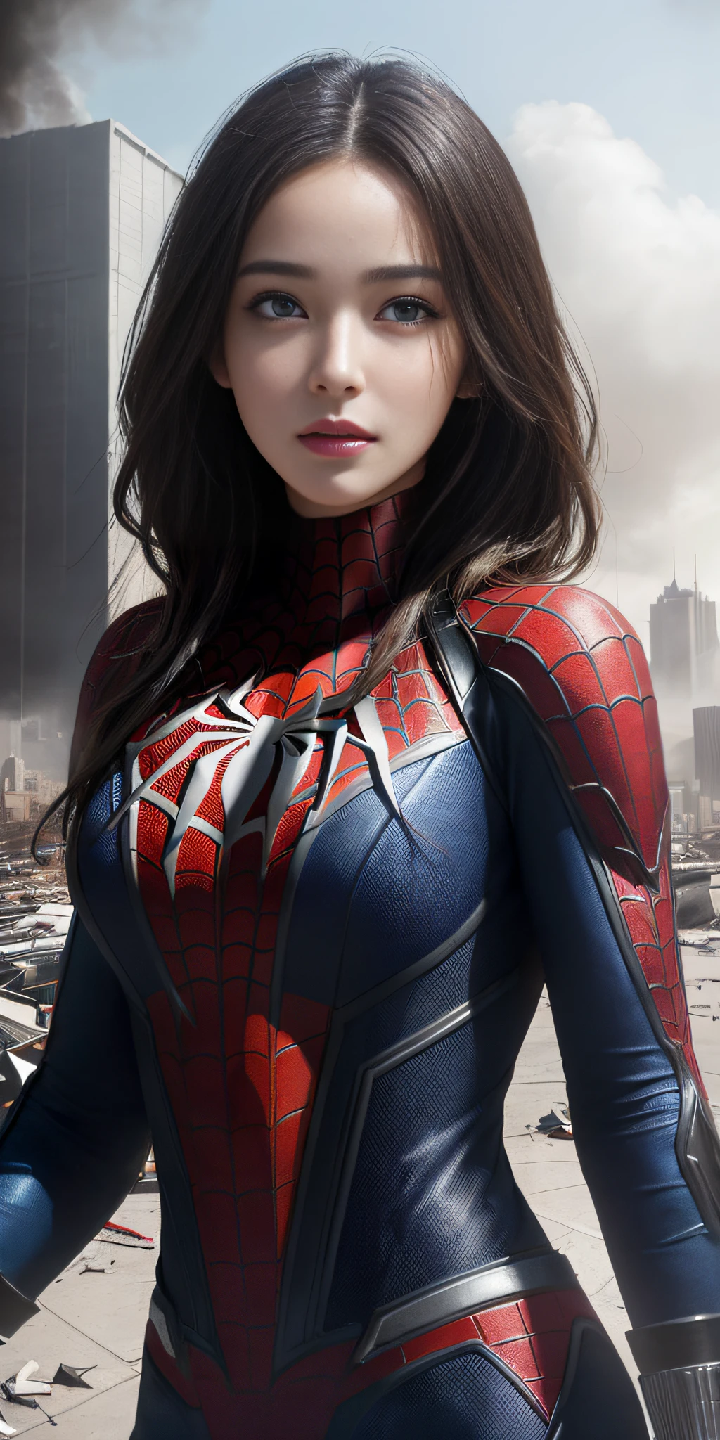 (1girl:1.3), solo, (((extremely detailed face))),(((extremely detailed eyes and face))),beautiful detailed eyes,body-parts__, official art, unified 8k wallpaper, super detailed, beautiful and aesthetic, beautiful, masterpiece, best quality, raw, masterpiece, super fine photo, best quality, super high resolution, photorealistic realism, sunlight, full body portrait, amazing beauty,, dynamic pose, delicate face, vibrant eyes, (from the front), she is wearing a Spider-man suit, red and black color scheme, spider, very detailed abandoned warehouse background, Detailed face, detailed complex busy background, messy, gorgeous, milky white, highly detailed skin, realistic skin details, visible pores, sharp focus, volumetric fog, 8k uhd, DSLR, high quality, film grain, fair skin, photo realism, lomography, huge metropolis in future dystopia, seen from below, translucent