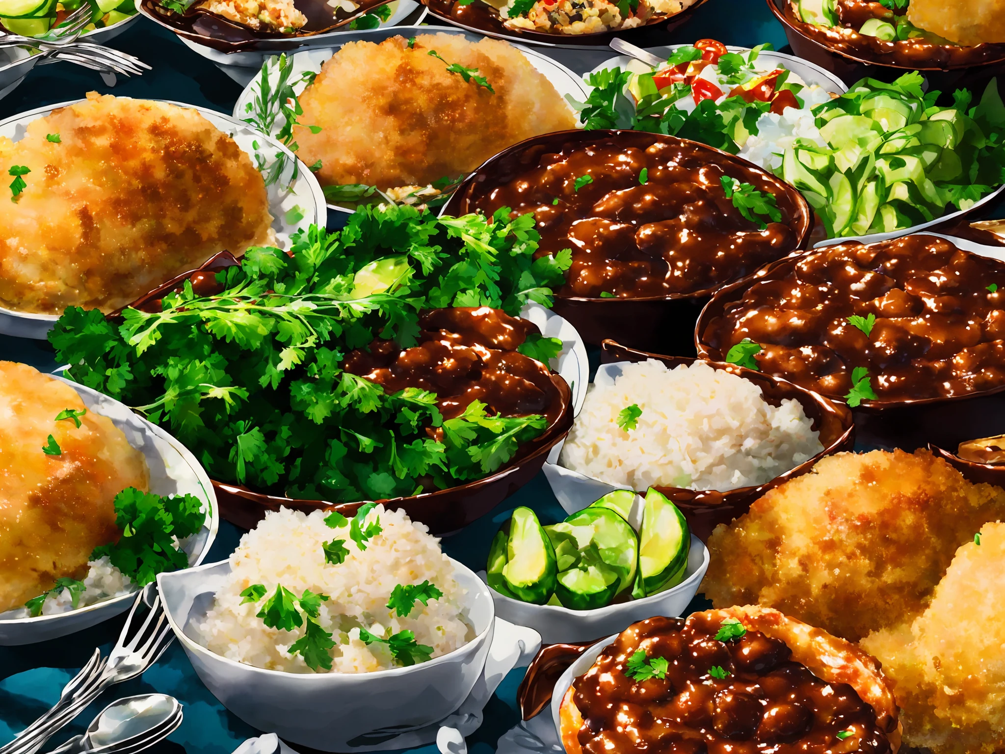 ((anime style+food), best illustration, delicate, detailed, high resolution, dynamic angle, colorful dishes,juicy, delicious, elaborate presentation, a mouth-watering feast, culinary art, master chef's creation,craving for more)