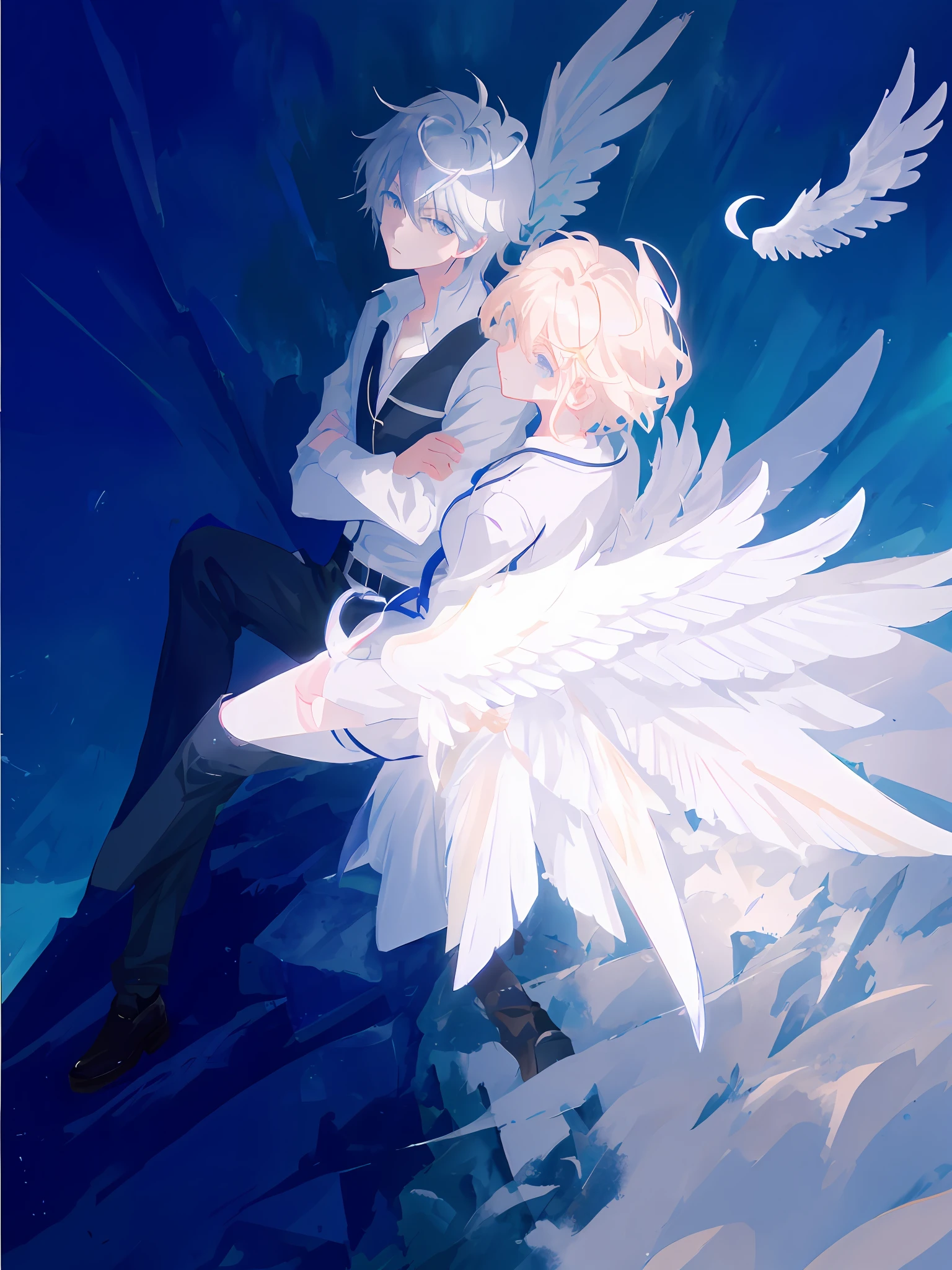 Anime image of man with angel wings holding a knife, angel protector, Makoto Shinkai, angel and restlessness, eros, angel, love