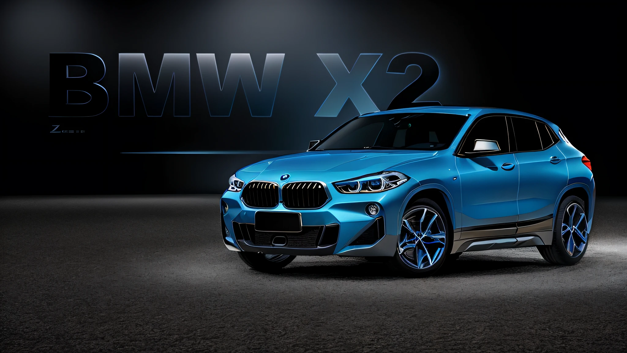 BMW X2 concept car on black background with dark sky, BMW, surreal image, color, illustration, abstract, 3D, blue, technology