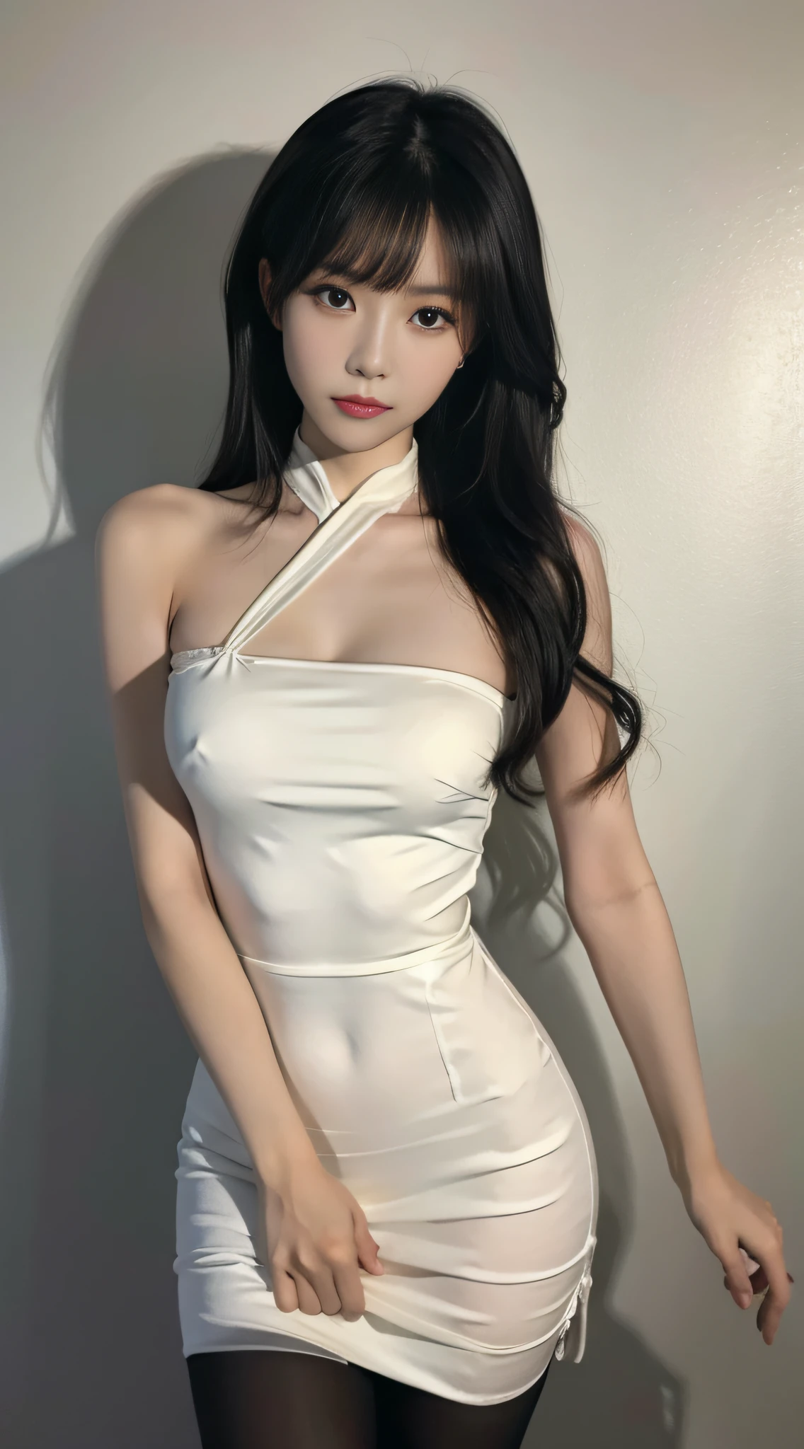 A Chinese woman on off-white wall background, fluffy hair, delicate face, realistic, real, large aperture, wearing black pantyhose, white dress, slim, cute, bare shoulder,