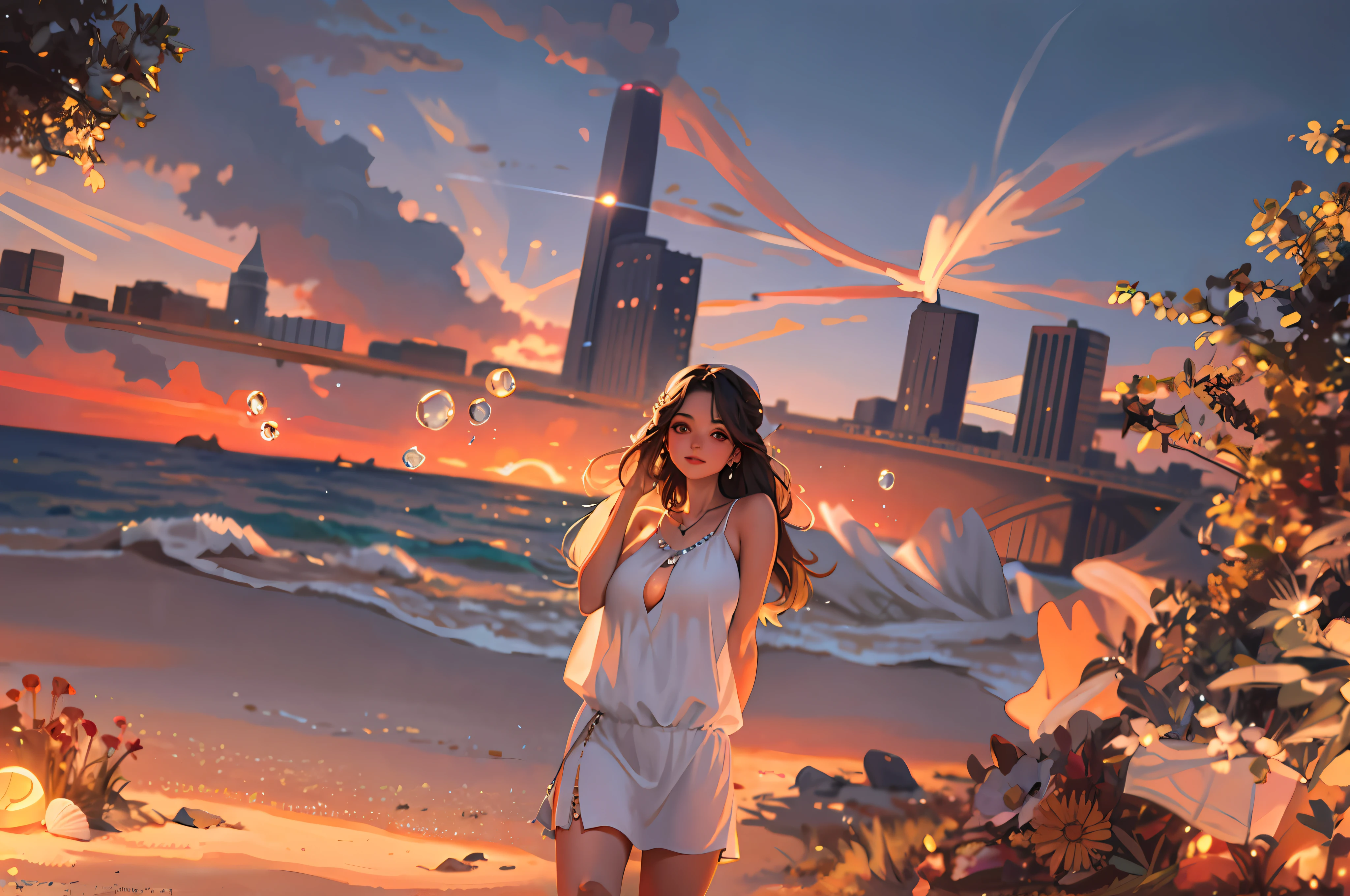 (masterpiece:1.2, best quality), (1lady, solo, upper body:1.2), Clothing: white flowy maxi dress, wide-brimmed hat, strappy sandals, Accessories: shell necklace, Hair: loose beach waves, Makeup: natural, glowing skin, Behavior: relaxed, carefree, free-spirited, Location: beach, resort, outdoor festival, red eyes, huge tits,