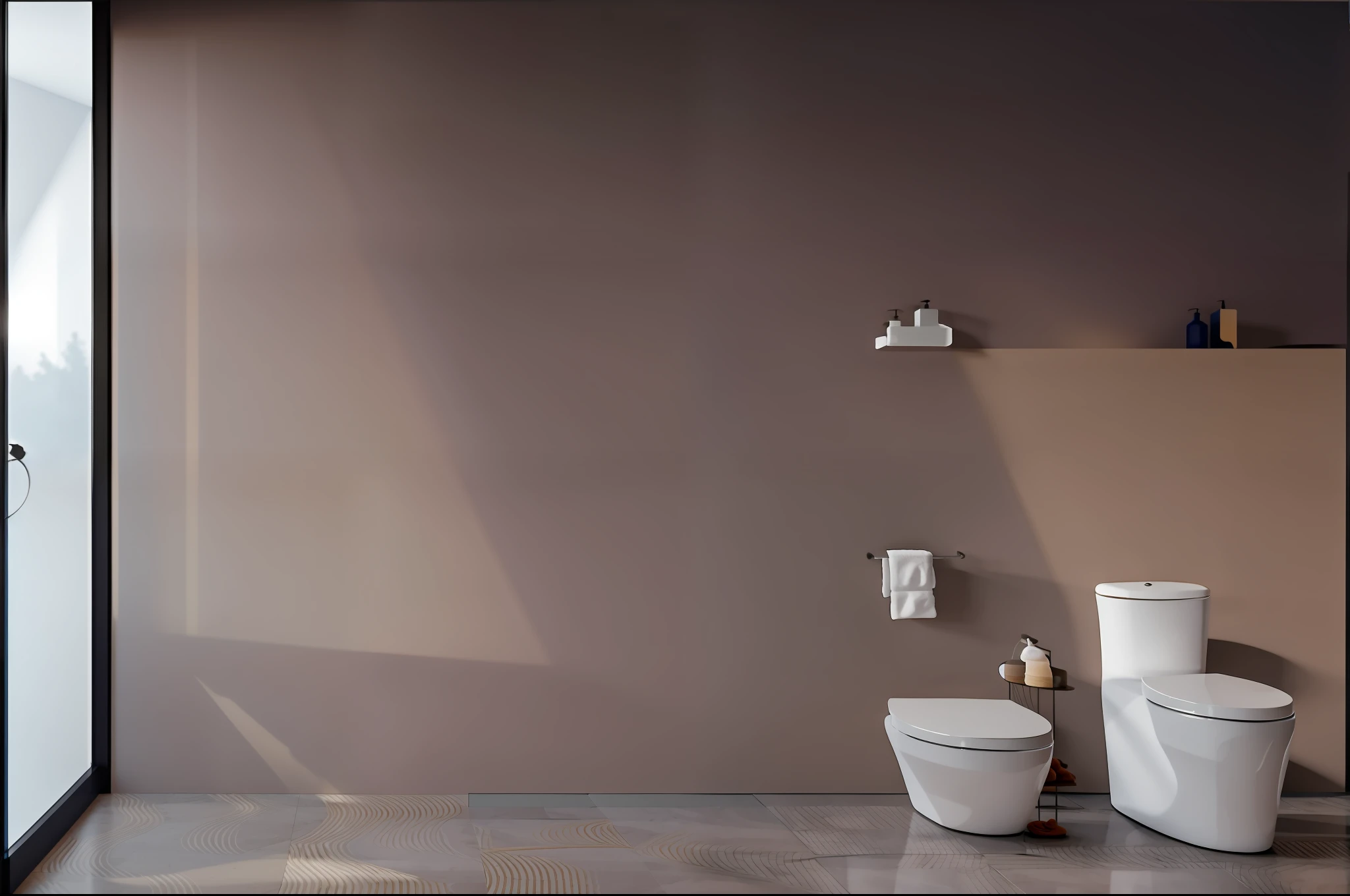 It is a bathroom, the floor is rough line striped road, the left floor to ceiling window has beautiful scenery, sunlight, shadows, HD, 4K, 3d rendering,