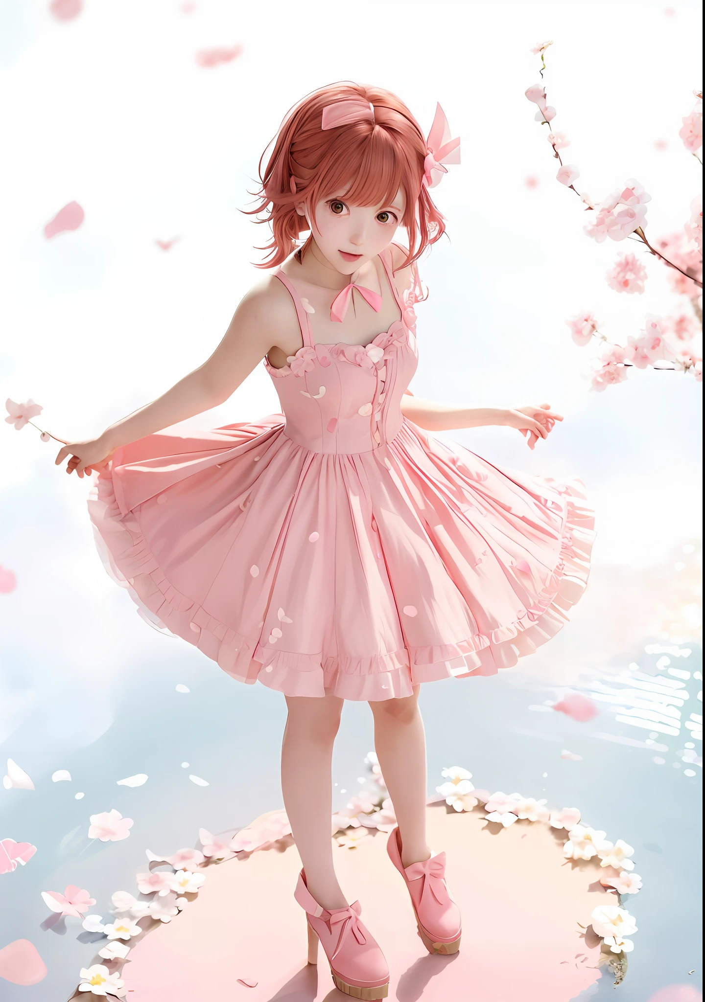 anime girl in a pink dress with a pink ribbon around her neck, sakura petals around her, madoka kaname, cardcaptor sakura, beautiful anime, anime visual of a cute girl, cute anime waifu in a nice dress, sayori, loli in dress, cute anime girl, beautiful anime style, beautiful anime art, beautiful anime artwork