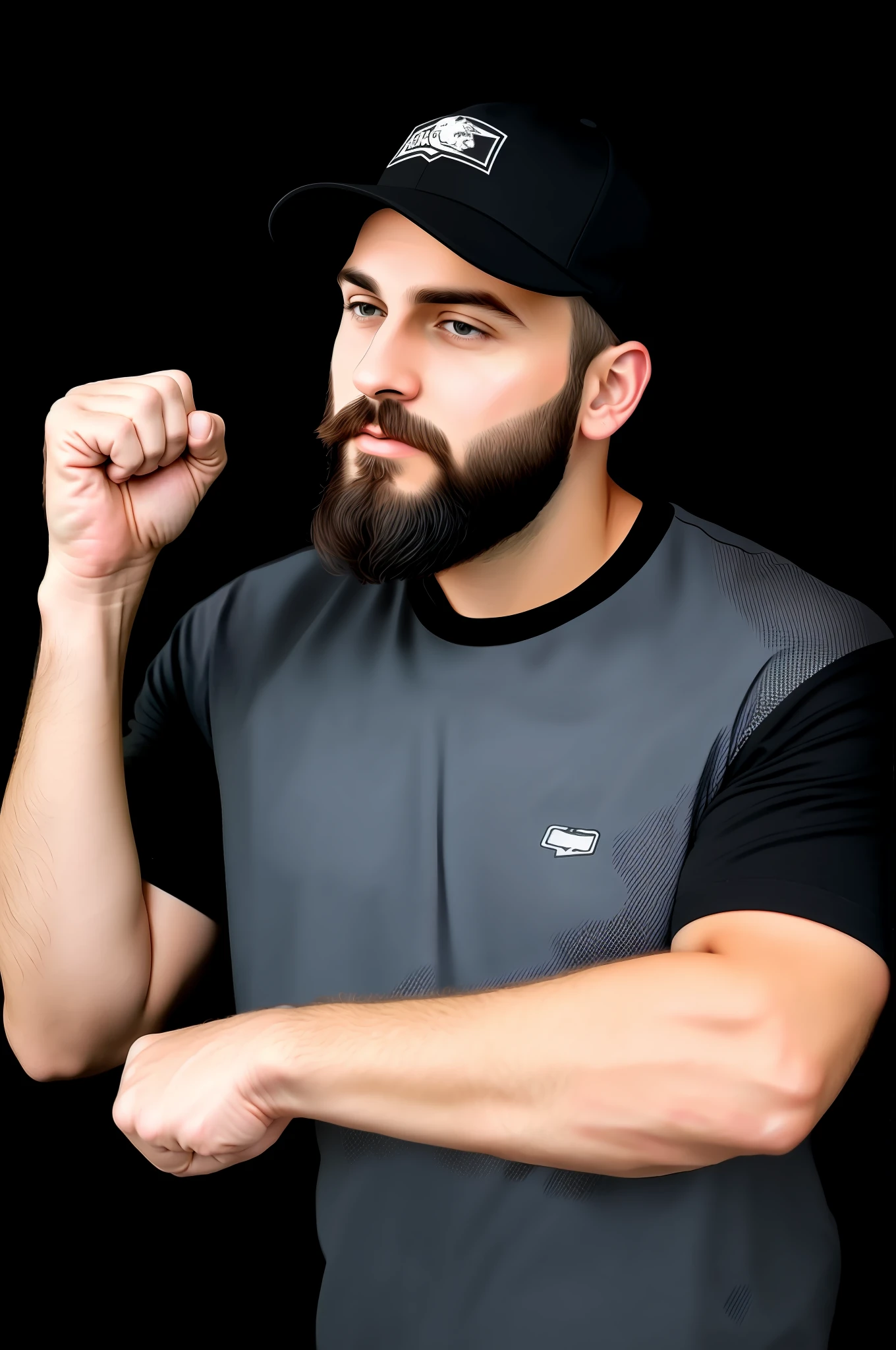 Allad man with beard and baseball cap, beard and black shirt, rugged man portrait, man with hands raised and fists, man in his 30s, very attractive bearded man in black t-shirt, promotional photo, portrait of Gemma 985, black background,