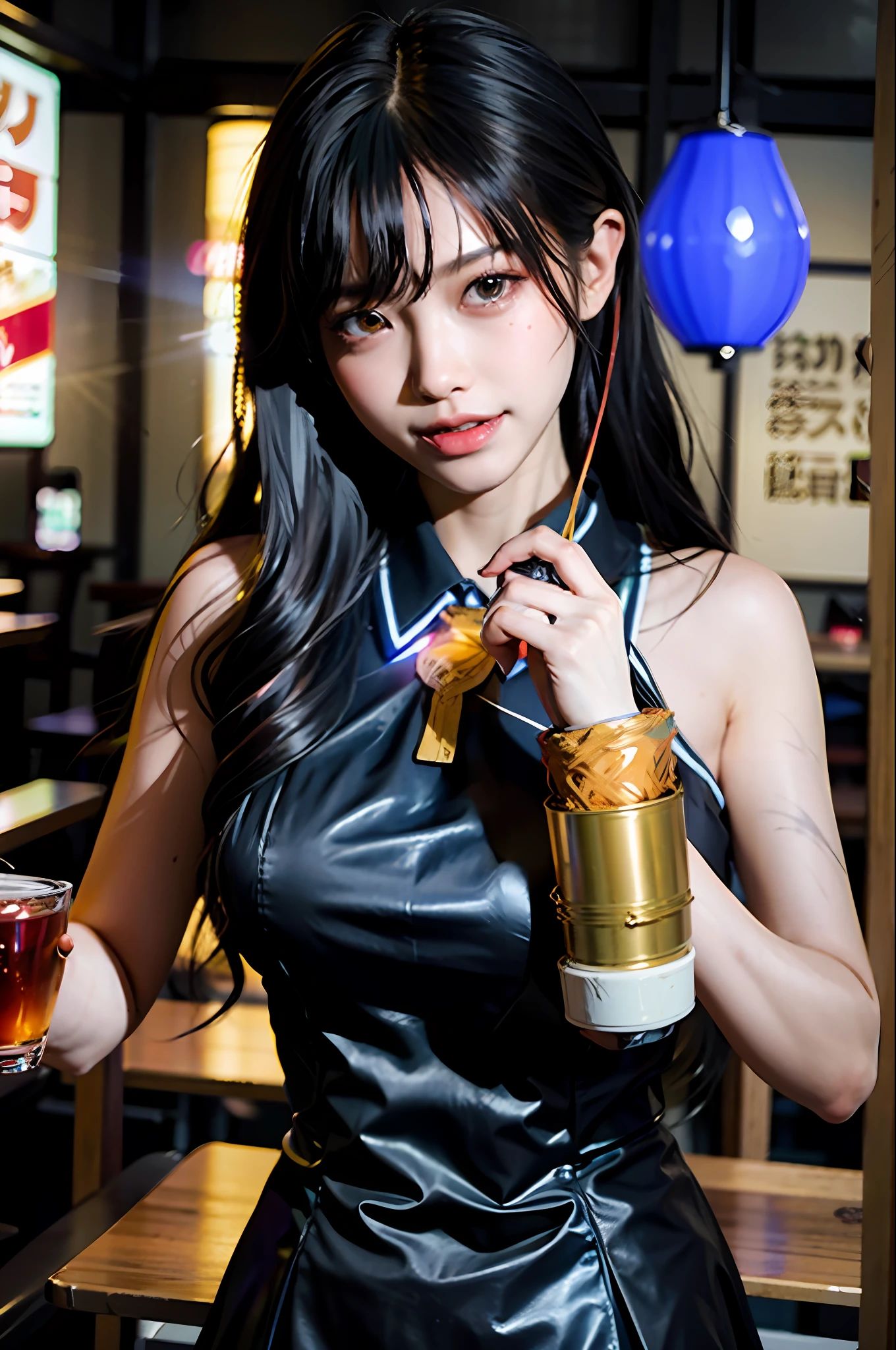 (masterpiece), best quality, ultra high res, close up, slim body, 1girl,school uniform, long hair, laughing, ramen, night, Tokyo restaurant background, colorful lights, photon mapping, radiosity, physically-based rendering, cinematic lighting, intricate, High Detail, Sharp focus, dramatic, photorealistic