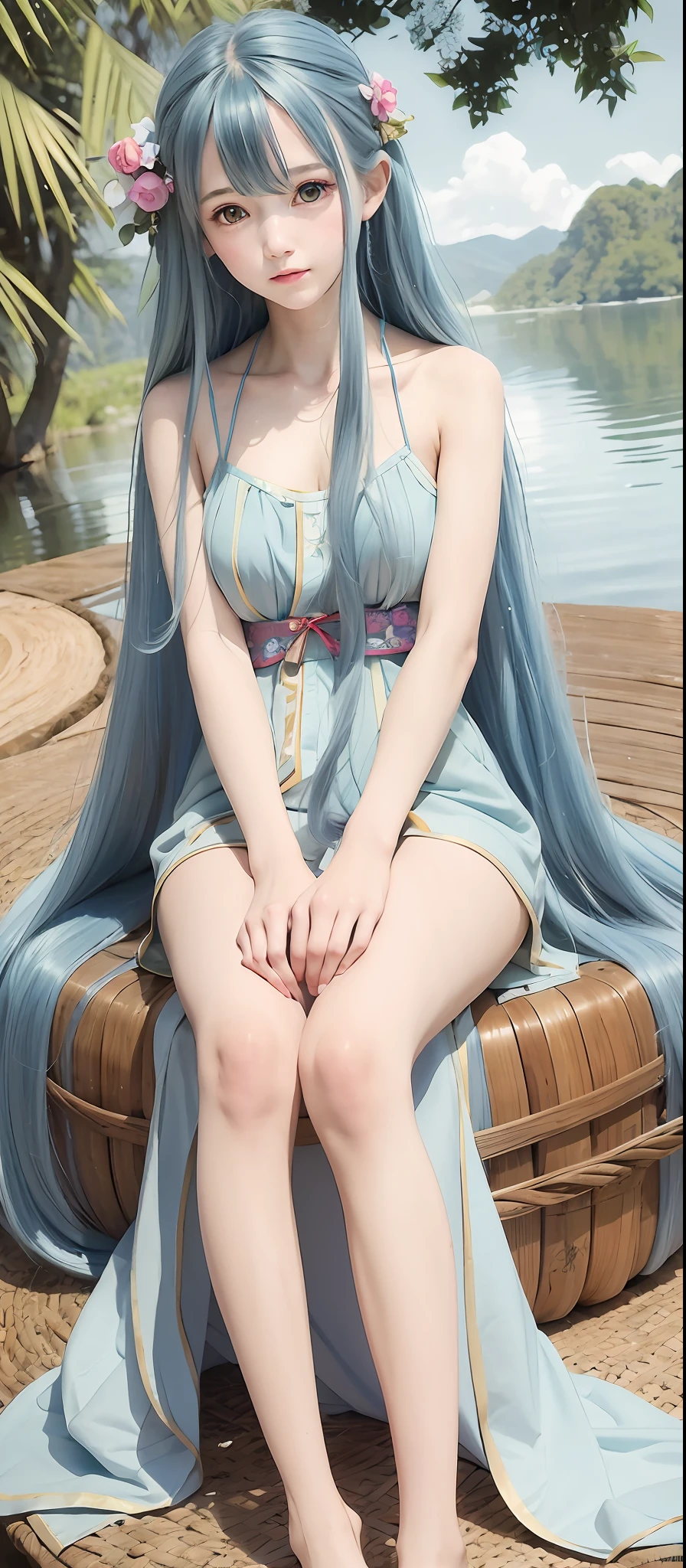 Masterpiece, Best Quality, Official Art, 8k Wallpaper, Very Detailed, Illustration, 1 Girl, Sky Blue Hair, Long Hair, Detailed Eyes, Forrest Gump, Bare Shoulders, Hanfu, Lake, Pure, Soft Smile, bamboo, tea