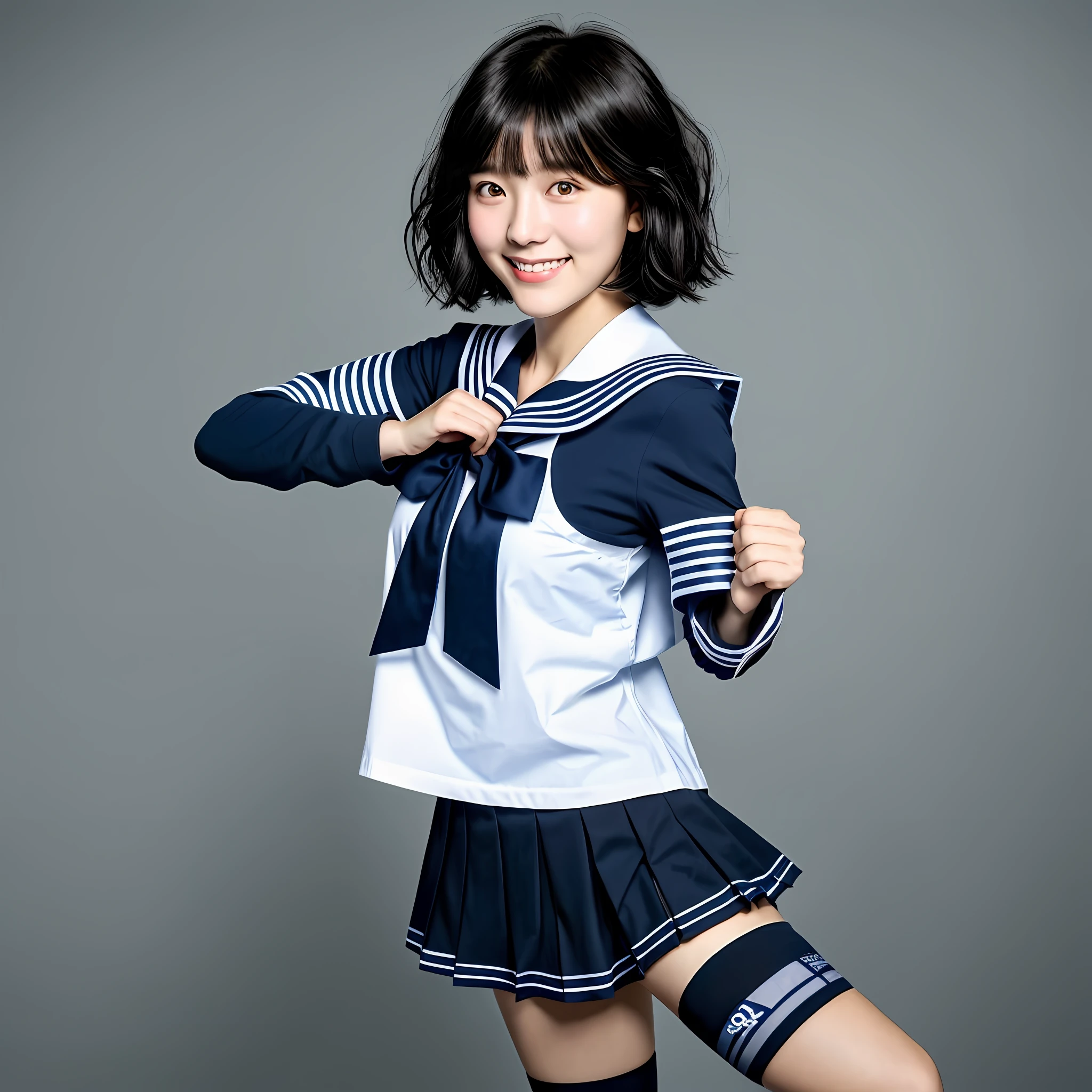 ((top quality, 8k, masterpiece: 1.3)), 1 16 years old Japan girl, beauty: 1.4, (black hair, big: 1.45), super detailed face, detailed eyes, cute smile, high school girl school girl uniform in sailor suit, navy blue skirt, black tights, beautiful, attractive, extremely beautiful, black low pumps, no background, around the face, disheveled short hair, focus on face, front gaze, F1.0, From the front, overhead view of the face