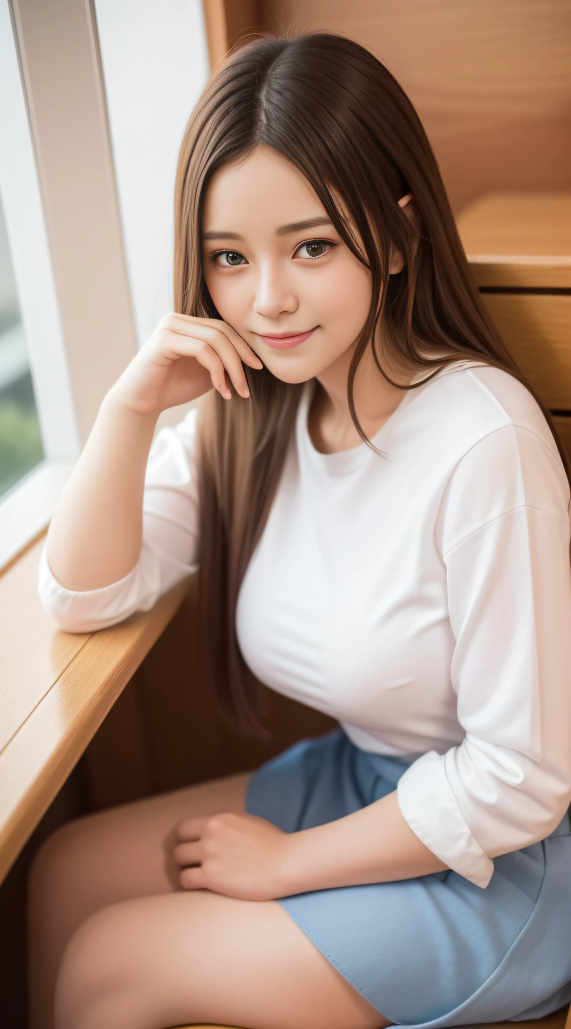 (8k, RAW Photo, Best Quality, Masterpiece: 1.2), (Realistic, Realistic: 1.37), Ultra High Resolution, Photon Mapping, Physically Based Rendering, 1 Girl, (Brunet: 1.3), Double braid hair,Long Legs, Detailed Face, Detailed Eyes, Huge Breasts, Shiny Skin,, Looking at the Viewer, (Light Smile Cute: 1.2), (Happy), Healing Cute, (Noodle restaurant: 1.2), (Indoor lighting: 1.2),,JK style,JK long-sleeved shirt ,JK skirt,JK suit,JK short-sleeved shirt,JK tie,Drinking milk tea,