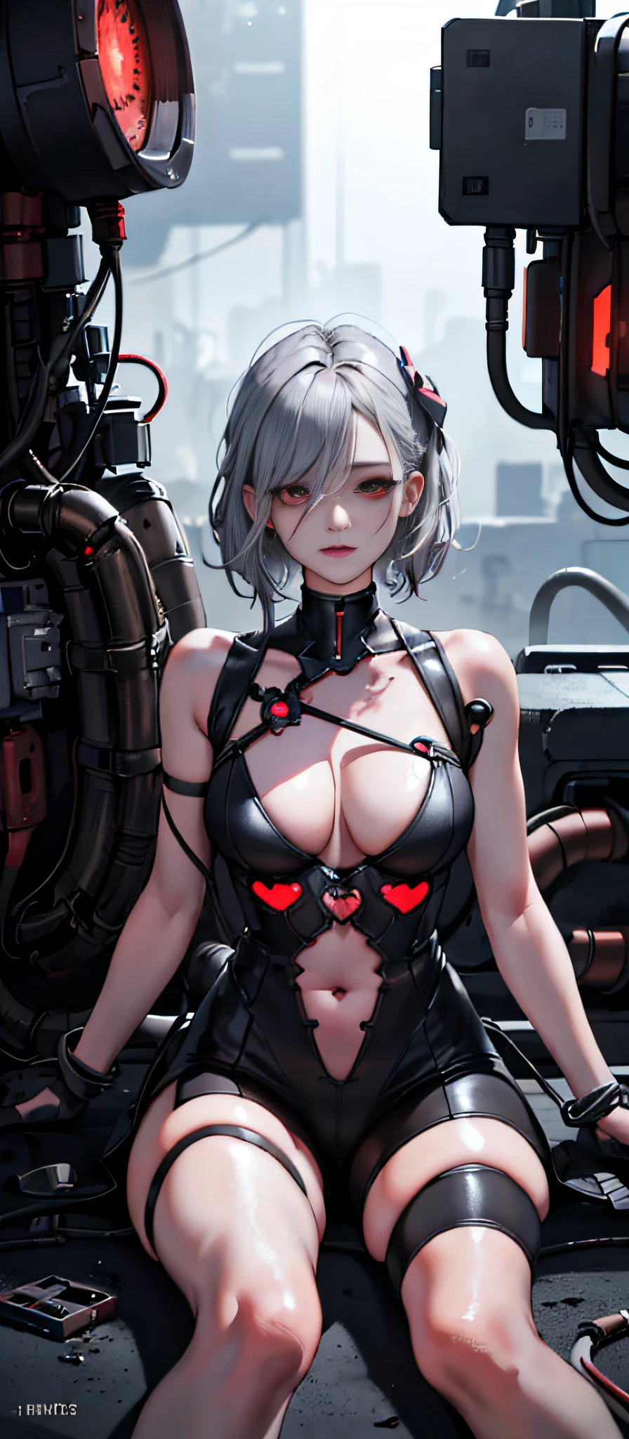 SFW, Darkness, horror, experiments, factories, sparks, (anatomy: 1.3) (damage: 1.2) (machine: 1.1) (woman with perfect body, full chest) has gray hair and beautiful, detailed red eyes. He has one (machine (heart: 1.1) and one (dirty face: 1.2), exposed wires and pipes, internal mechanical parts damaged and short circuited, severe damage, removal, natural light, light tracking, complex circuitry, illustrations, 8 wallpapers, ultra-detailed, full-body portraits, the best picture, wrong images, the wrong way, intricate details of the highest quality, ridiculous